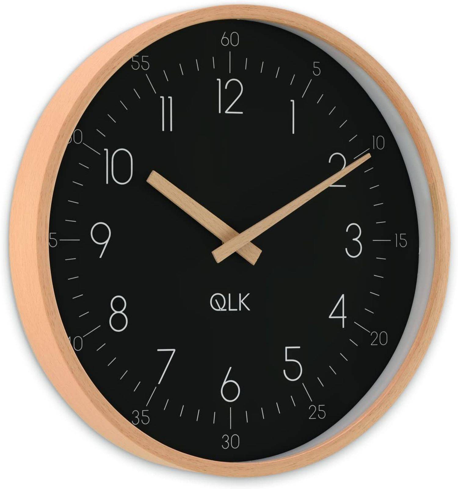 QLK Wanduhr schwarz Slight Moderne Design Uhr mit Holzrahmen und Zeigern, Ø31cm (schwarz)