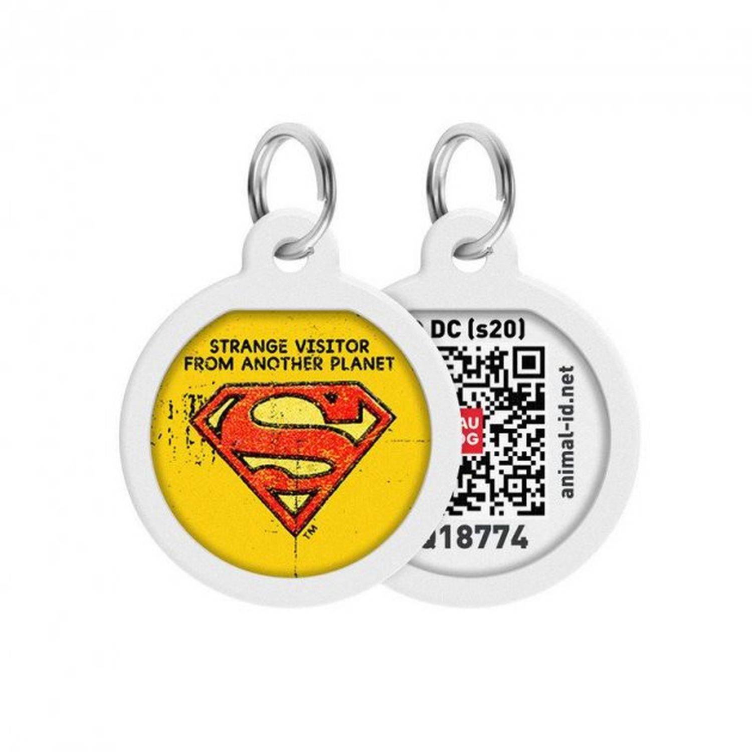 Pet ID Tag für Hund Katze mit QR Passport Global Suchsystem von verlorenen Haustieren Digital ID Tag Superman Vintage