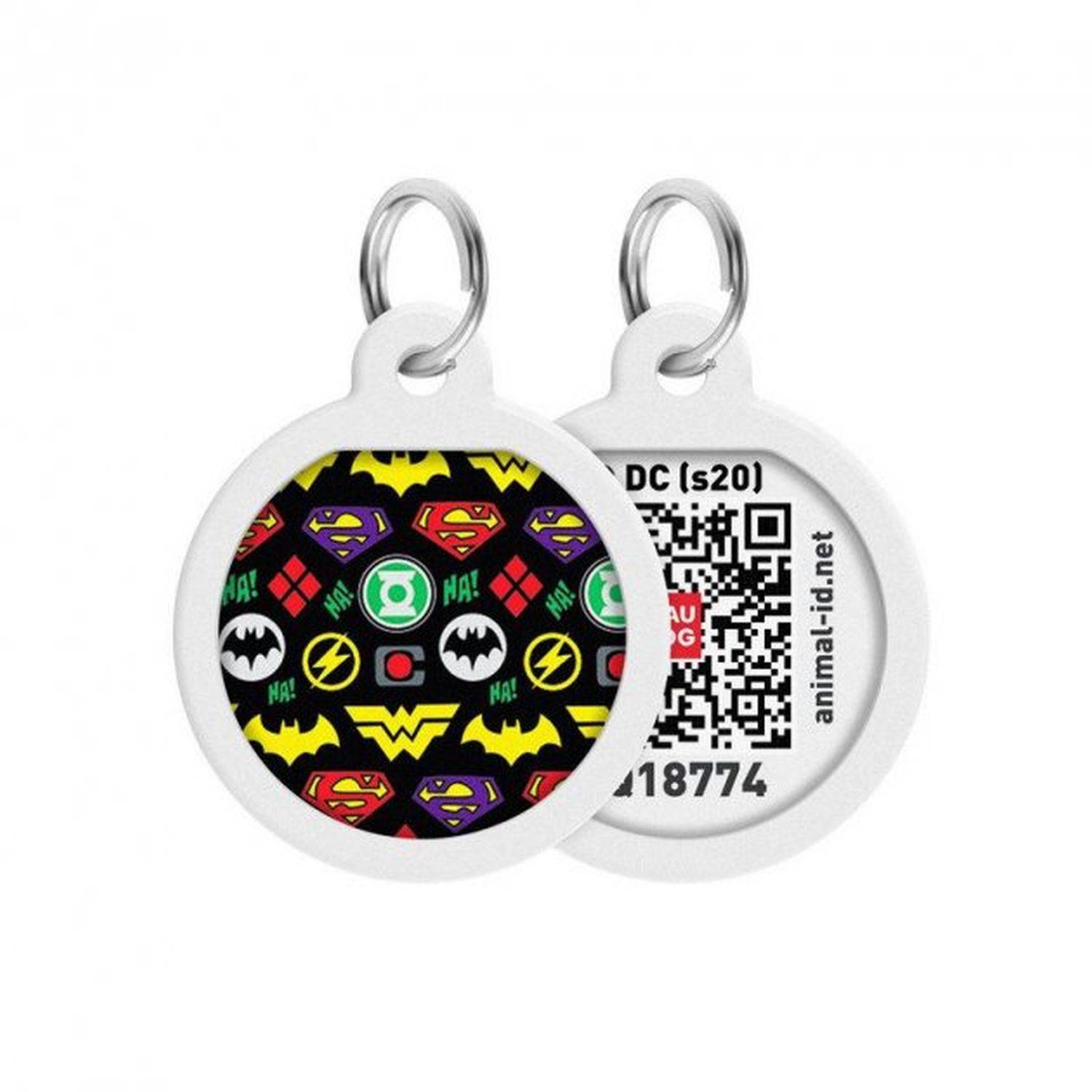 Pet ID Tag für Hund Katze mit QR Passport Global Suchsystem von verlorenen Haustieren Digital ID Superheroes Logomania