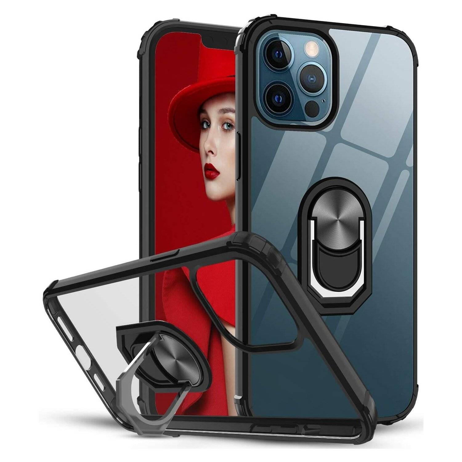 360 Grad Ringhalter Handytasche Abdeckung magnetische Stoßstange Schutzhülle kompatibel mit iPhone 14 Plus Schwarz