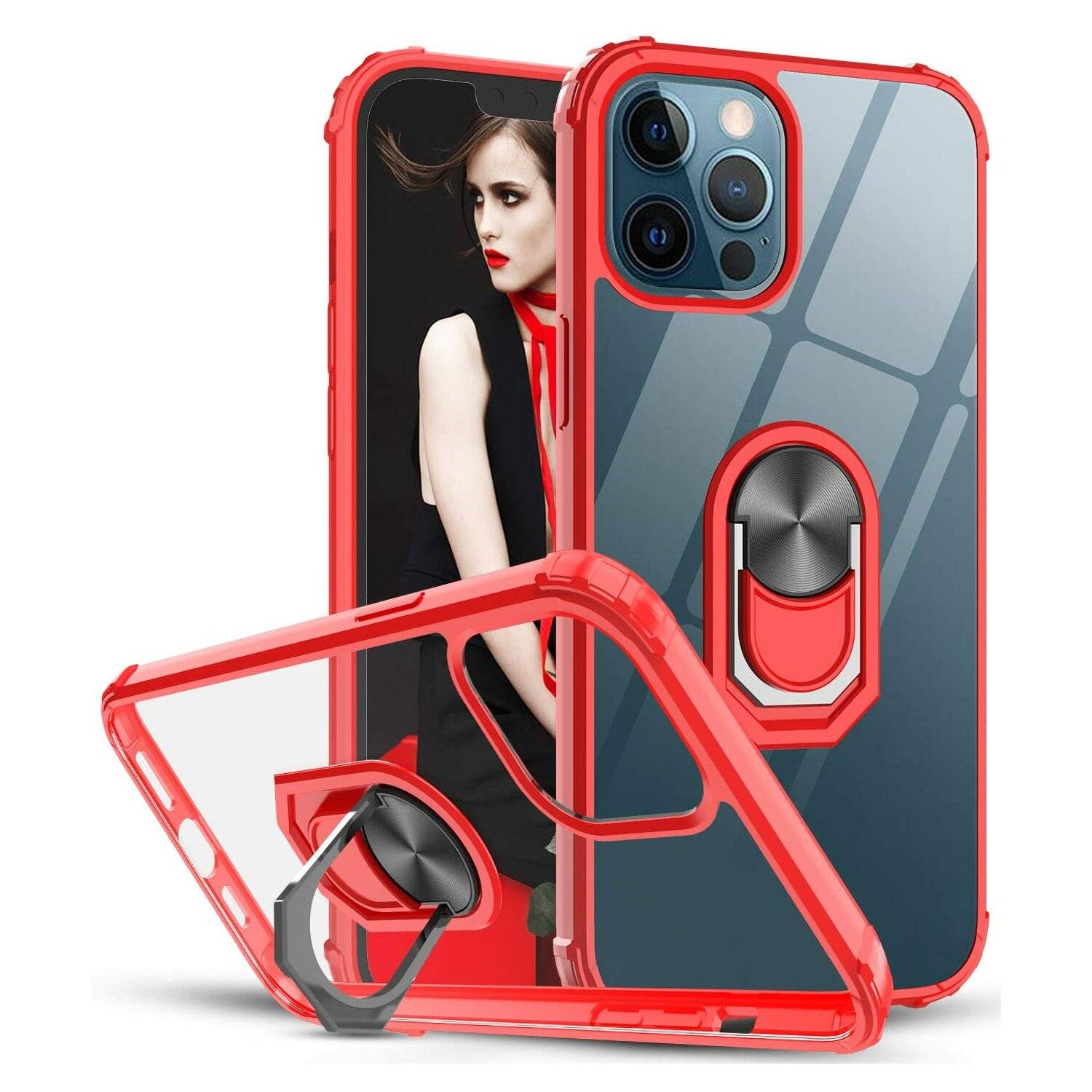 360 Grad Ringhalter Handytasche Abdeckung magnetische Stoßstange Schutzhülle kompatibel mit iPhone 14 Plus Rot
