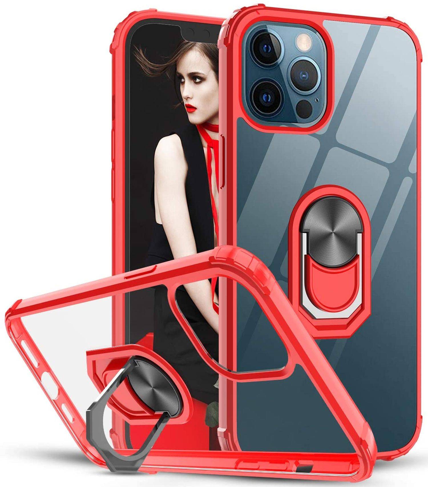 360 Grad Ringhalter Handytasche Abdeckung magnetische Stoßstange Schutzhülle kompatibel mit iPhone 14 Pro Max Rot