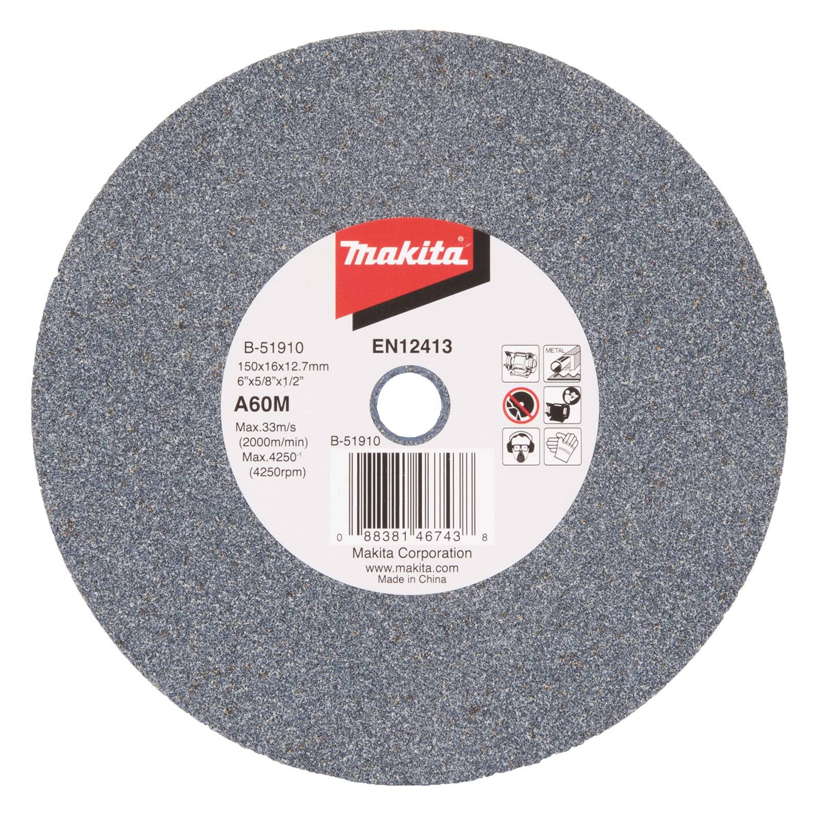 Makita Trennscheibe, Modell B-51910, 150x6x12,7 mm, für Metallbearbeitung. Maximale Geschwindigkeit: 80 m/s bei 12.200 U/min. Enthält Sicherheitssymbole auf dem Etikett.