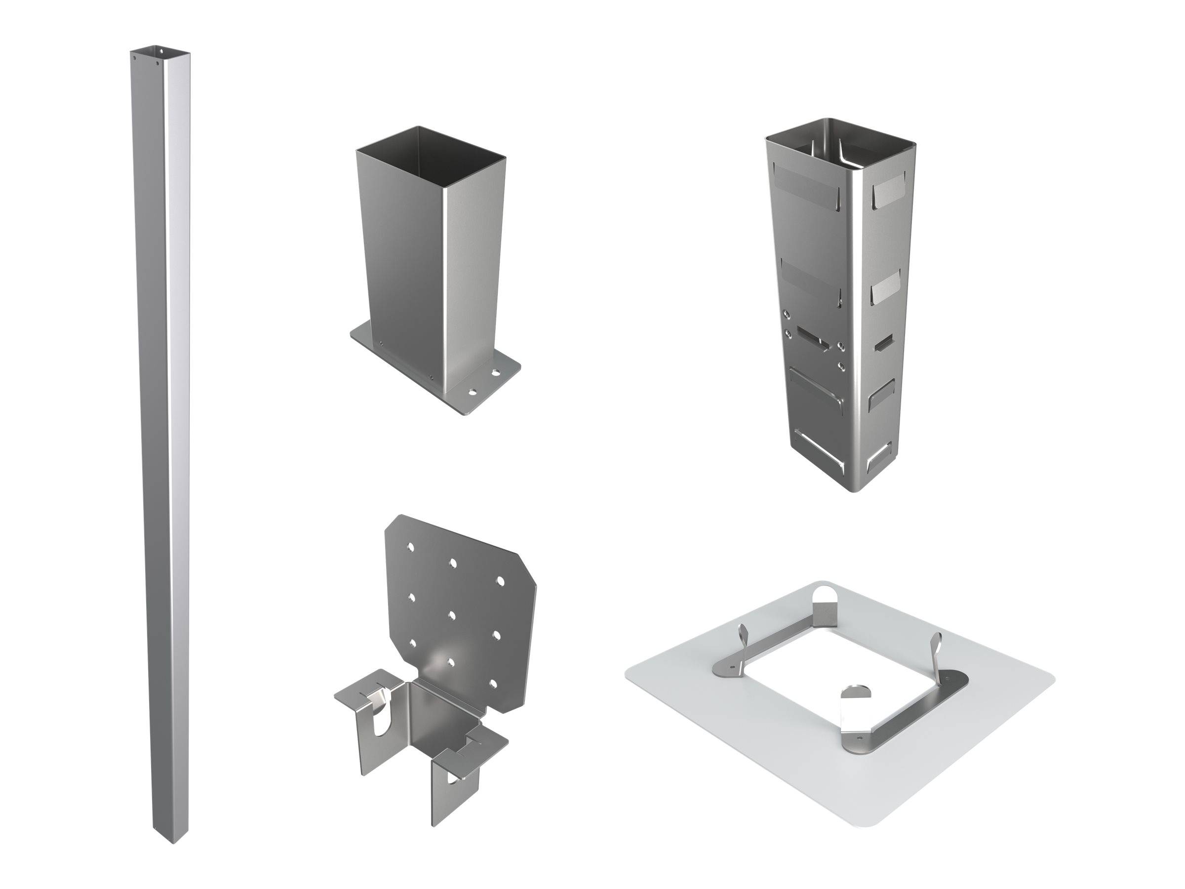 Metallbefestigungshardware-Set bestehend aus einem quadratischen Pfosten, zwei aufrechten Halterungen, einer Basisplatte mit Schlitzen und einer Plattensteckverbindungshalterung auf weißem Hintergrund.