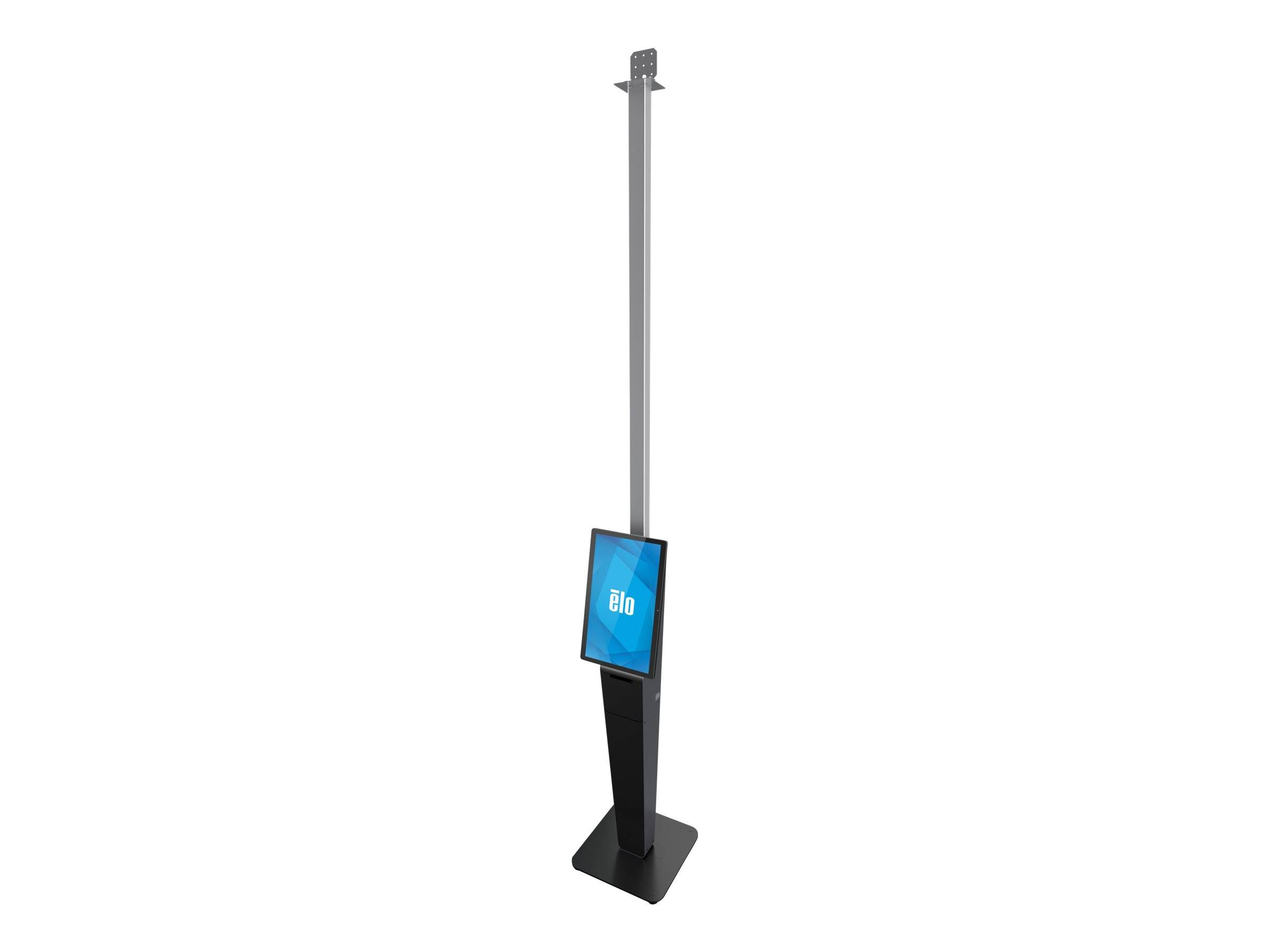 Hoher freistehender digitaler Kiosk auf schwarzem Sockel mit kleinem blauem Bildschirm, wahrscheinlich ein vertikales Displayständer oder Werbeschild.