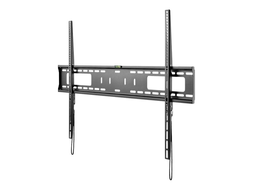 Schwarze wandmontierte TV-Halterung mit zwei vertikalen Schienen und verstellbarem horizontalem Gestell auf weißem Hintergrund.