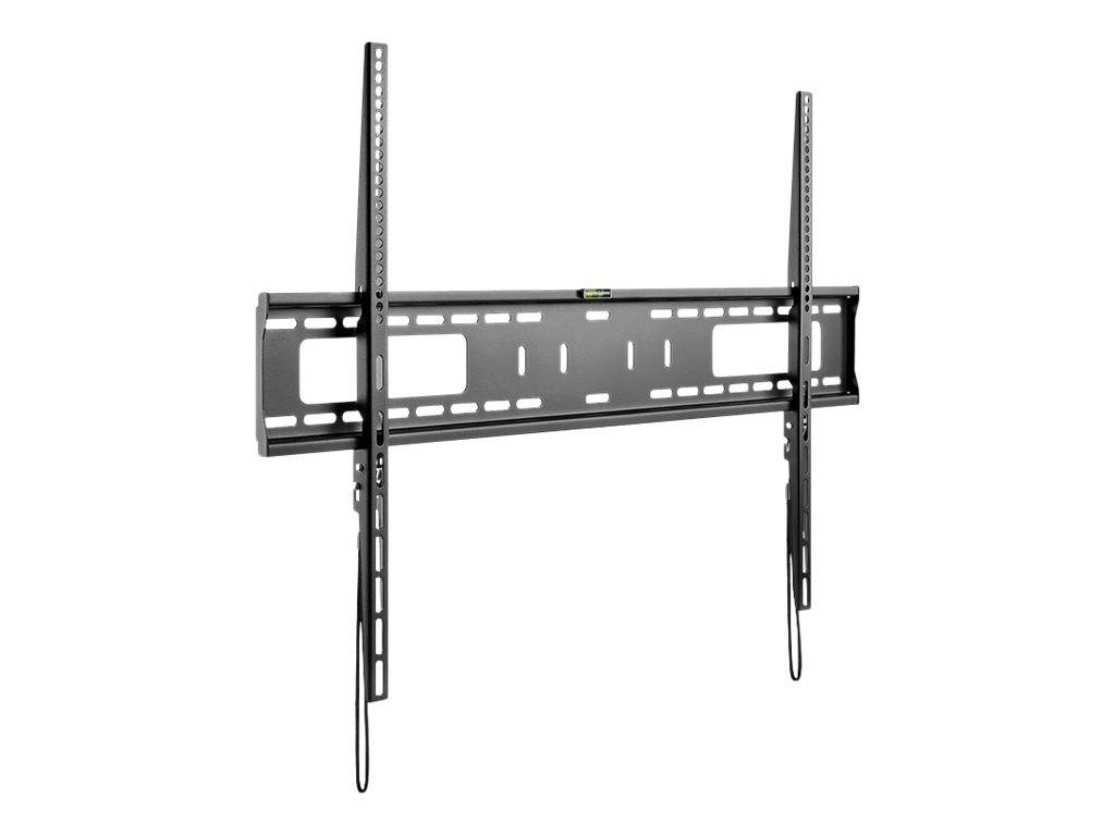 Schwarze Metall-Wandhalterung für TV mit zwei vertikalen Schienen und Trägerplatte mit Schlitzen auf weißem Hintergrund.