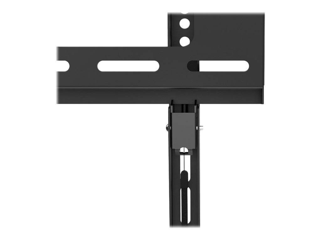 Schwarze Metall-Montageklammer mit verstellbaren Schlitzlöchern und einem vertikalen Stützarm, gezeigt auf weißem Hintergrund.