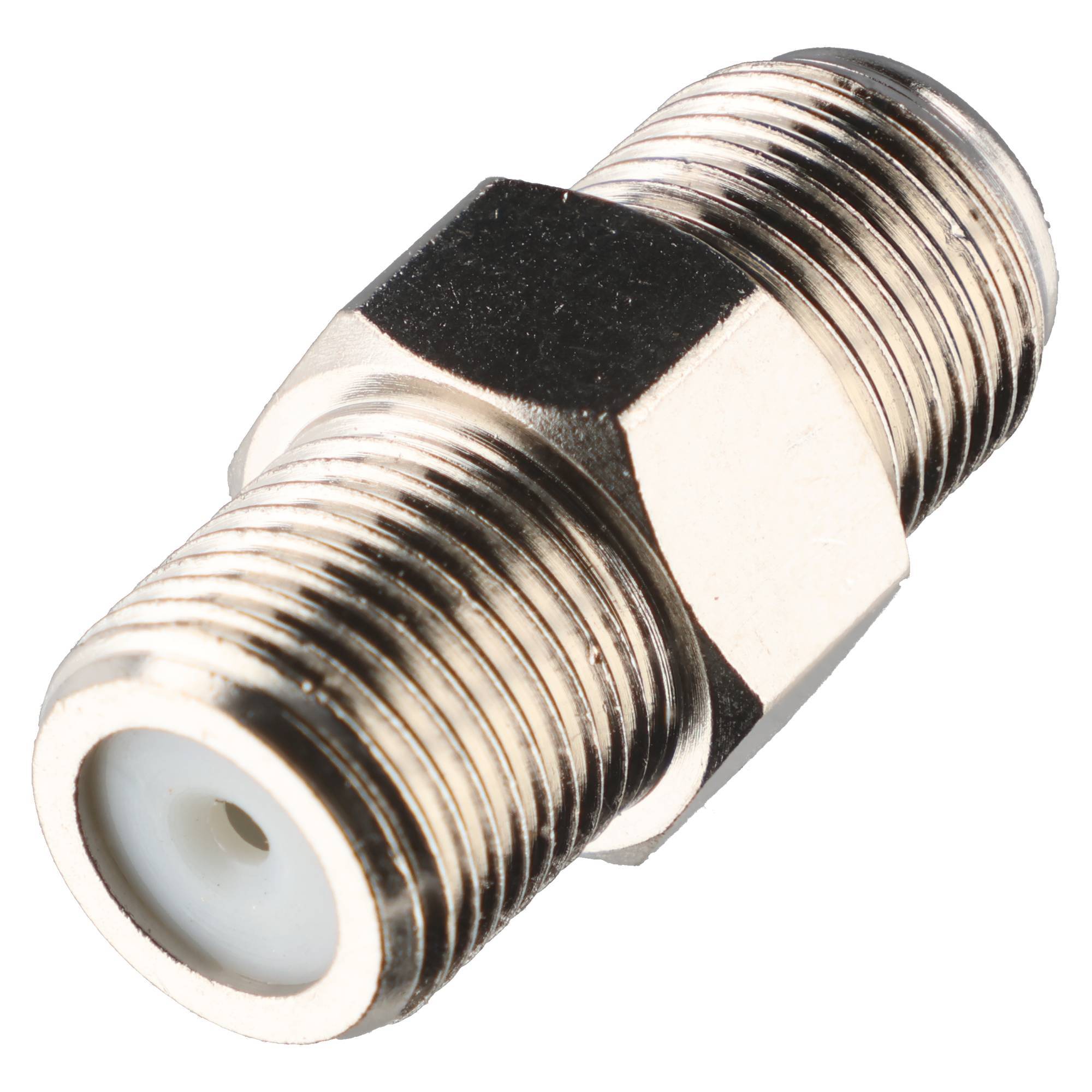 Metallischer koaxialer Kabeladapter mit Gewindeanschlüssen an beiden Enden und sechskantigem Mittelteil, dargestellt auf weißem Hintergrund.