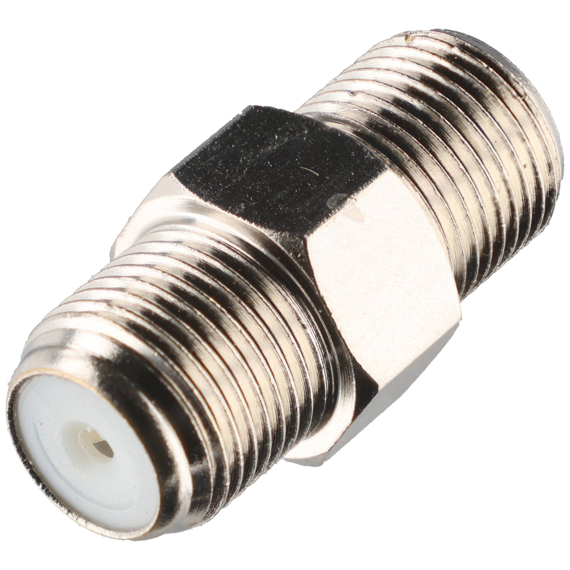 Metallischer koaxialer Kabeladapter mit Gewinde an den Enden und einem sechseckigen Mittelverbinder auf weißem Hintergrund.