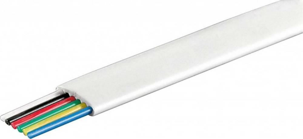 Ein flaches, weißes Elektrokabel mit drei farbigen Innenleitern: blau, gelb und braun, die an einem Ende herausragen.