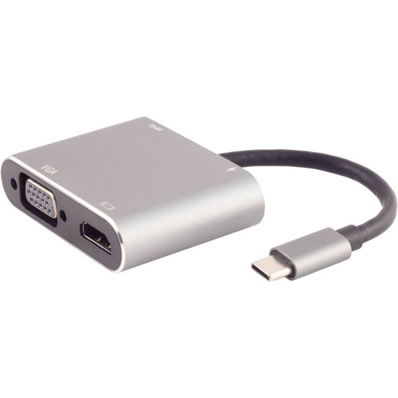 Ein kompakter silberner USB-C-Hub mit VGA- und HDMI-Anschlüssen, dargestellt mit einem angeschlossenen Kabel, das in einen USB-C-Stecker mündet.