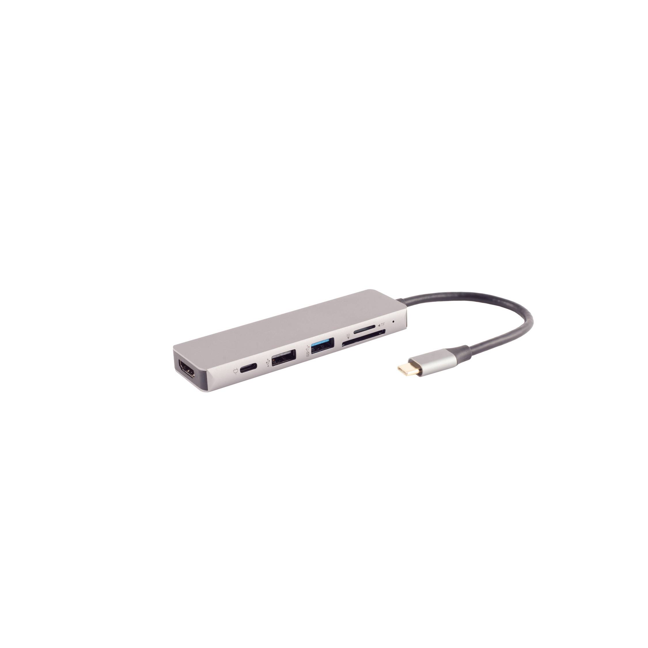 USB-C-Hub-Adapter mit mehreren Anschlüssen und einem kurzen angebrachten Kabel auf weißem Hintergrund