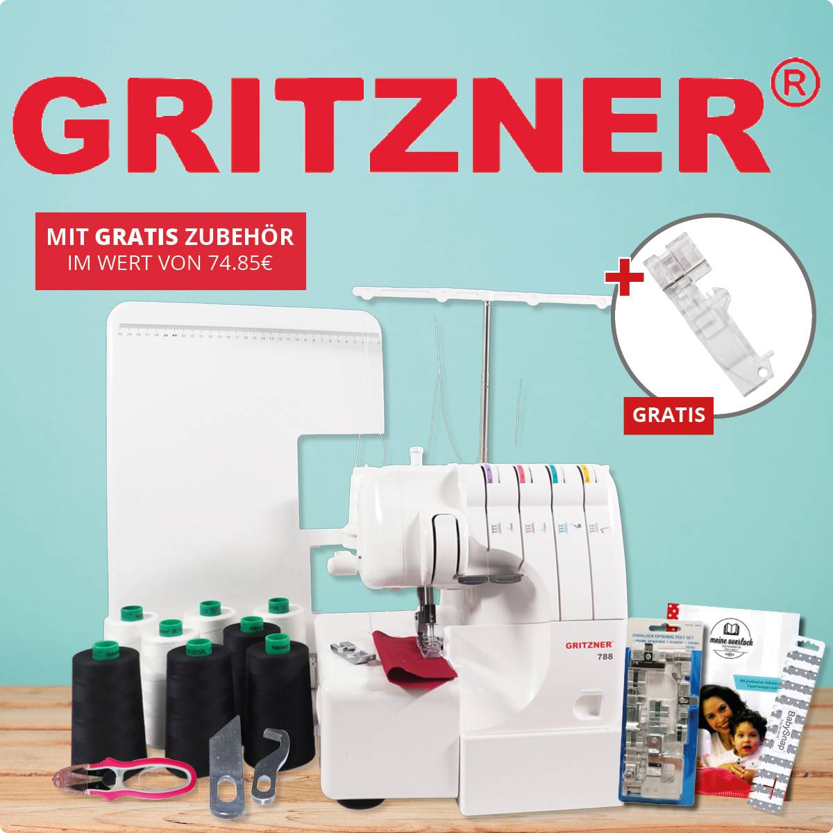 Eine weiße Nähmaschine mit farbigen Garnen steht neben Nähzubehör. Der Text lautet „Gritzner