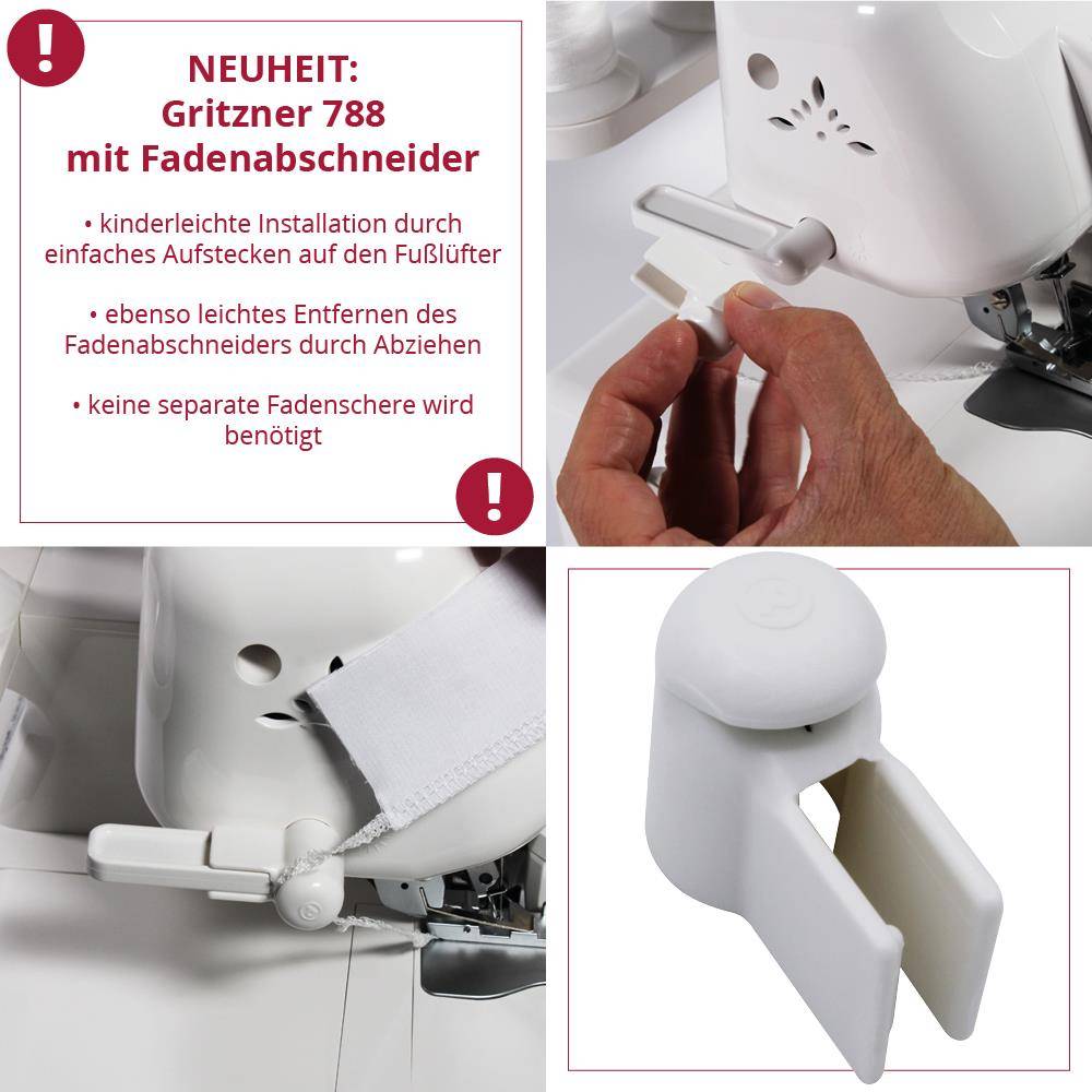Eine Person passt einen Nähmaschinenaufsatz an. Der Text beschreibt die Gritzner 788 und hebt die einfache Installation des Fadenabschneiders hervor.