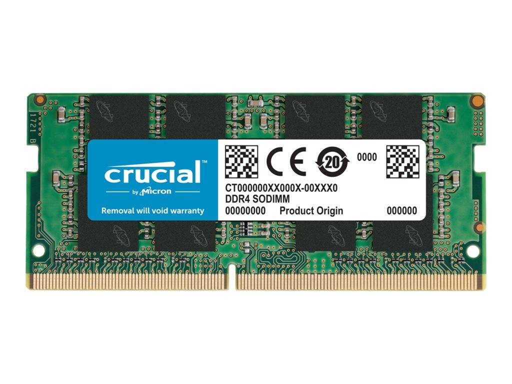 Nahaufnahme eines Crucial DDR4 SODIMM-RAM-Moduls mit einem Etikett, das einen Barcode, Produktinformationen und Garantiedetails anzeigt.