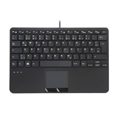 Eine schwarze Tastatur mit integriertem Touchpad unterhalb der Tasten, mit Standard-QWERTY-Layout und Funktionstasten oben.