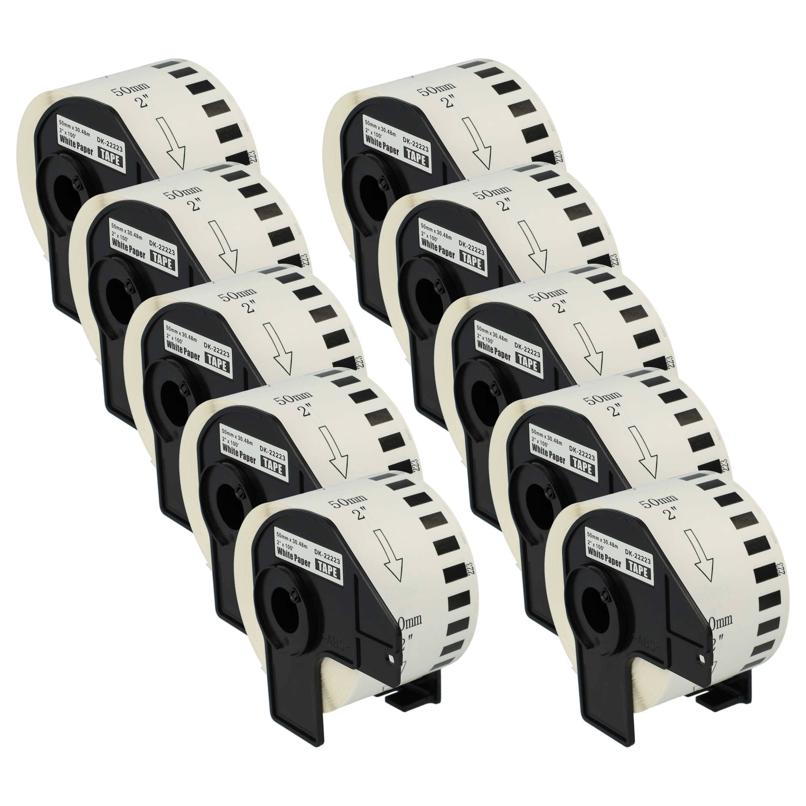 vhbw 10x Rolle mit Halter 50mm x 30,48m (1 Etikette) kompatibel mit Brother PT QL500BW, QL-500 Series Drucker - Premium Weiß