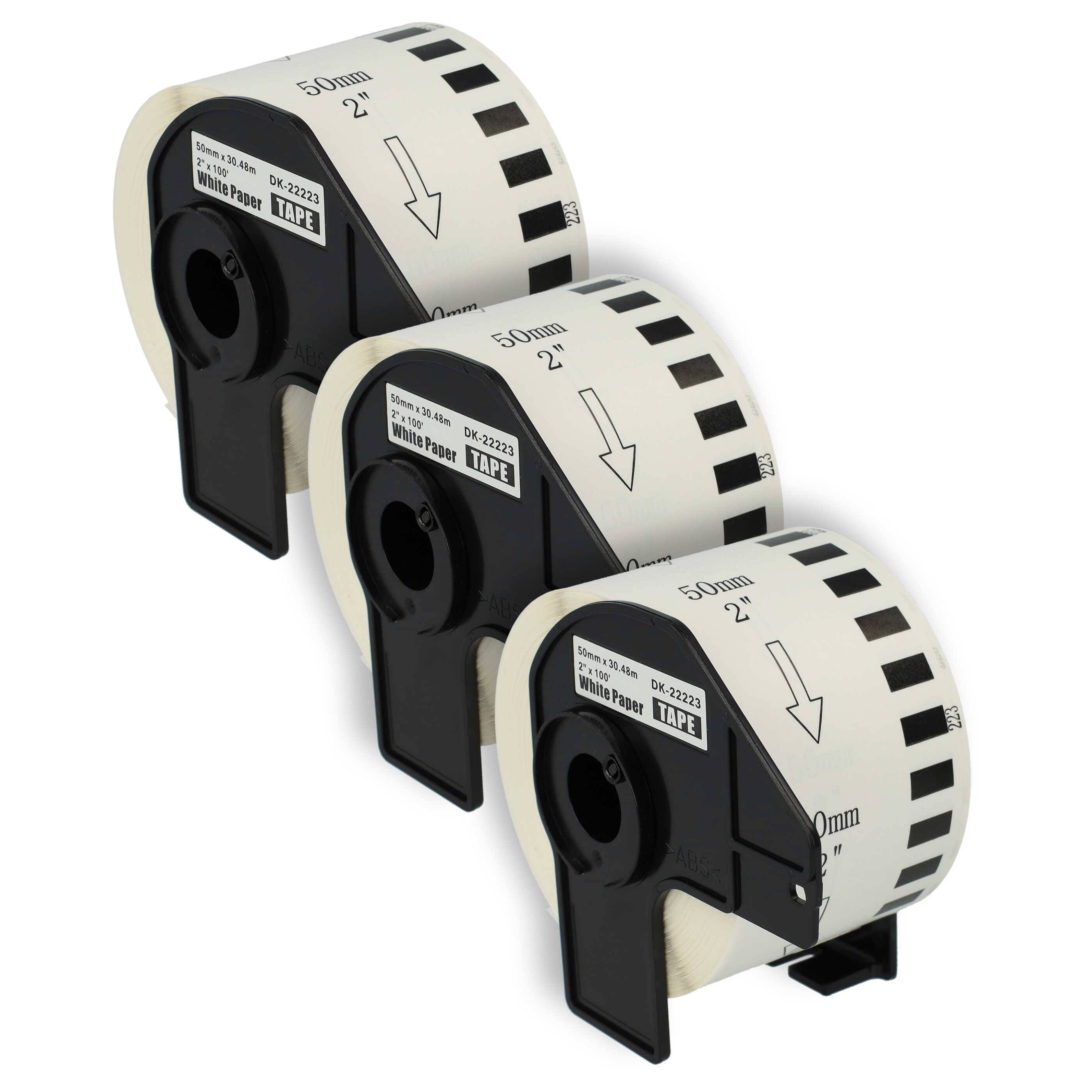 vhbw 3x Etiketten-Rolle mit Halter 50mm x 30,48m (1 Etikette) kompatibel mit Brother PT QL-650, QL650TD Etiketten-Drucker - Premium Weiß