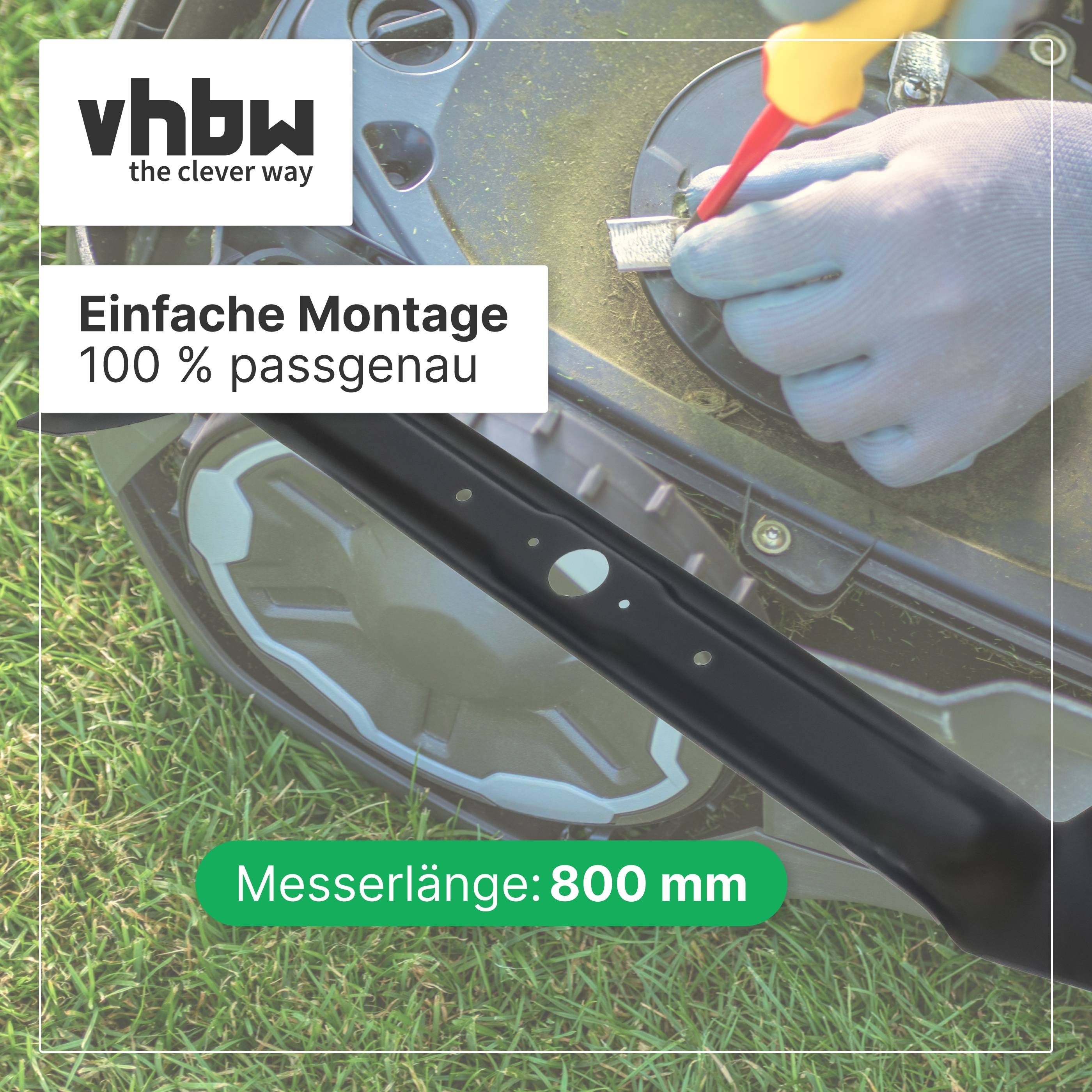 vhbw Werbung mit behandschuhten Händen beim Einbau eines Mähermessers, mit Text „Einfache Montage