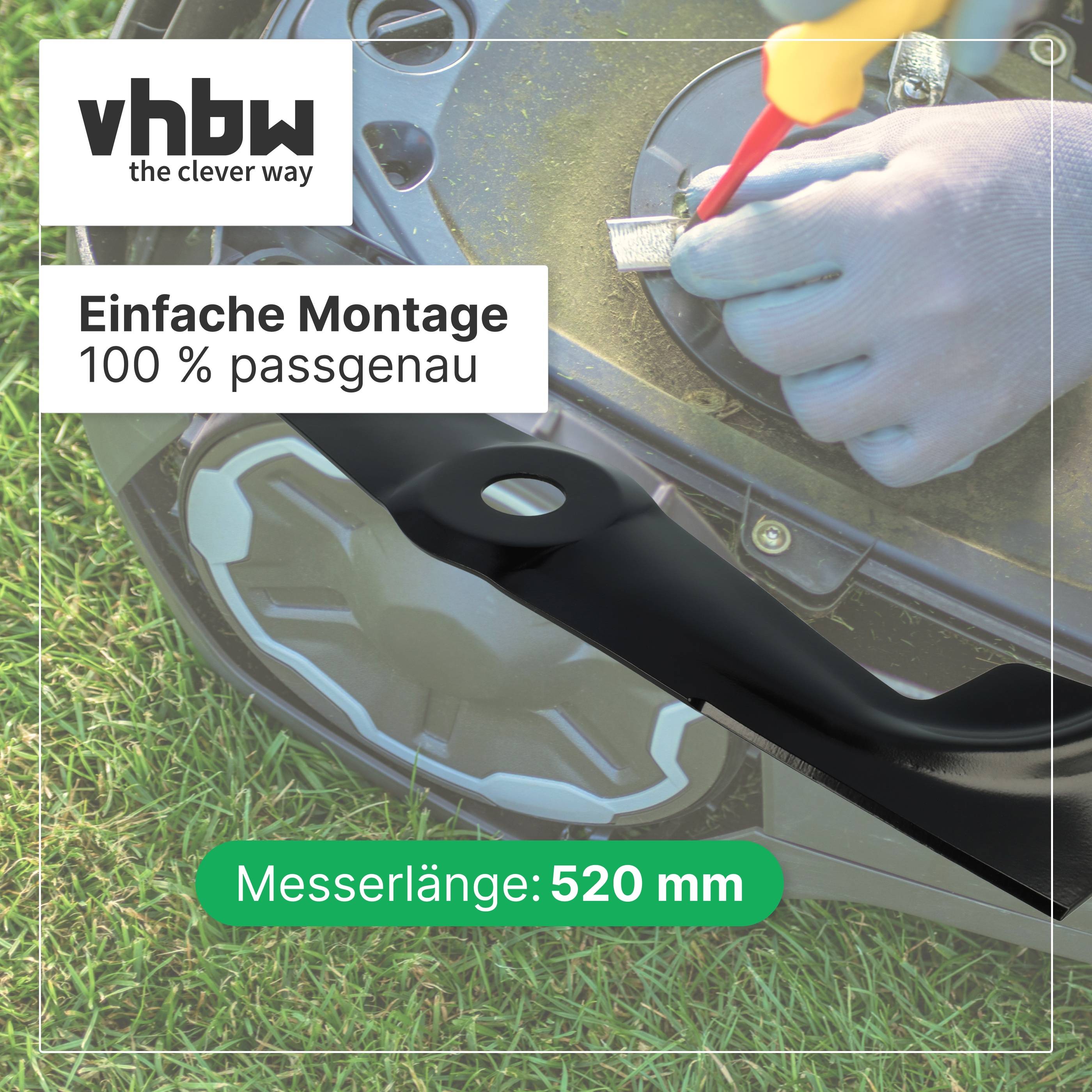 Werbegrafik für vhhw Rasenmähermesser mit einfacher, präziser Installation; der Text lautet „Einfache Montage 100 % passgenau