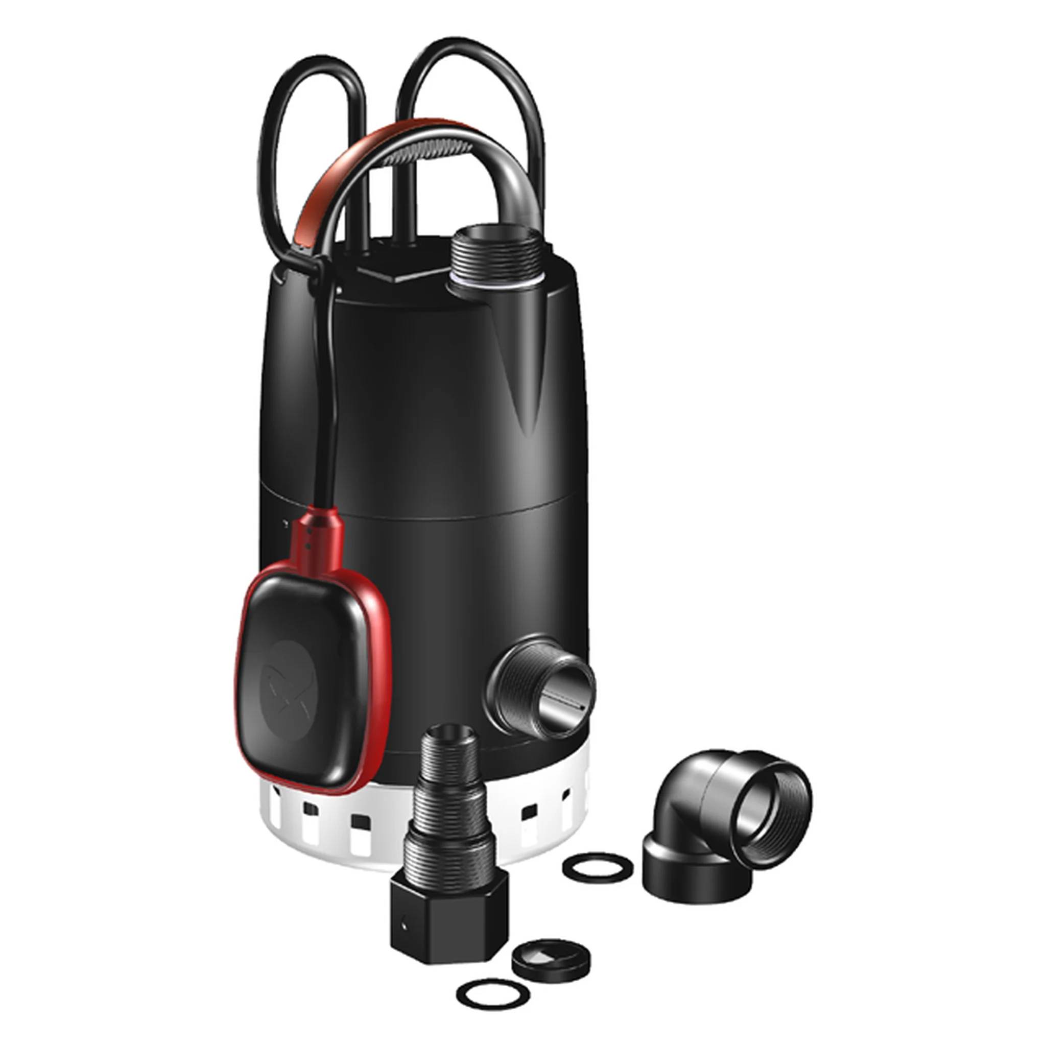 Schwarze Tauchpumpe mit angeschlossenem Stromkabel und Anschlussvorrichtungen, gezeigt mit separatem Ellbogenverbinder, Adapter und Dichtungsringen.