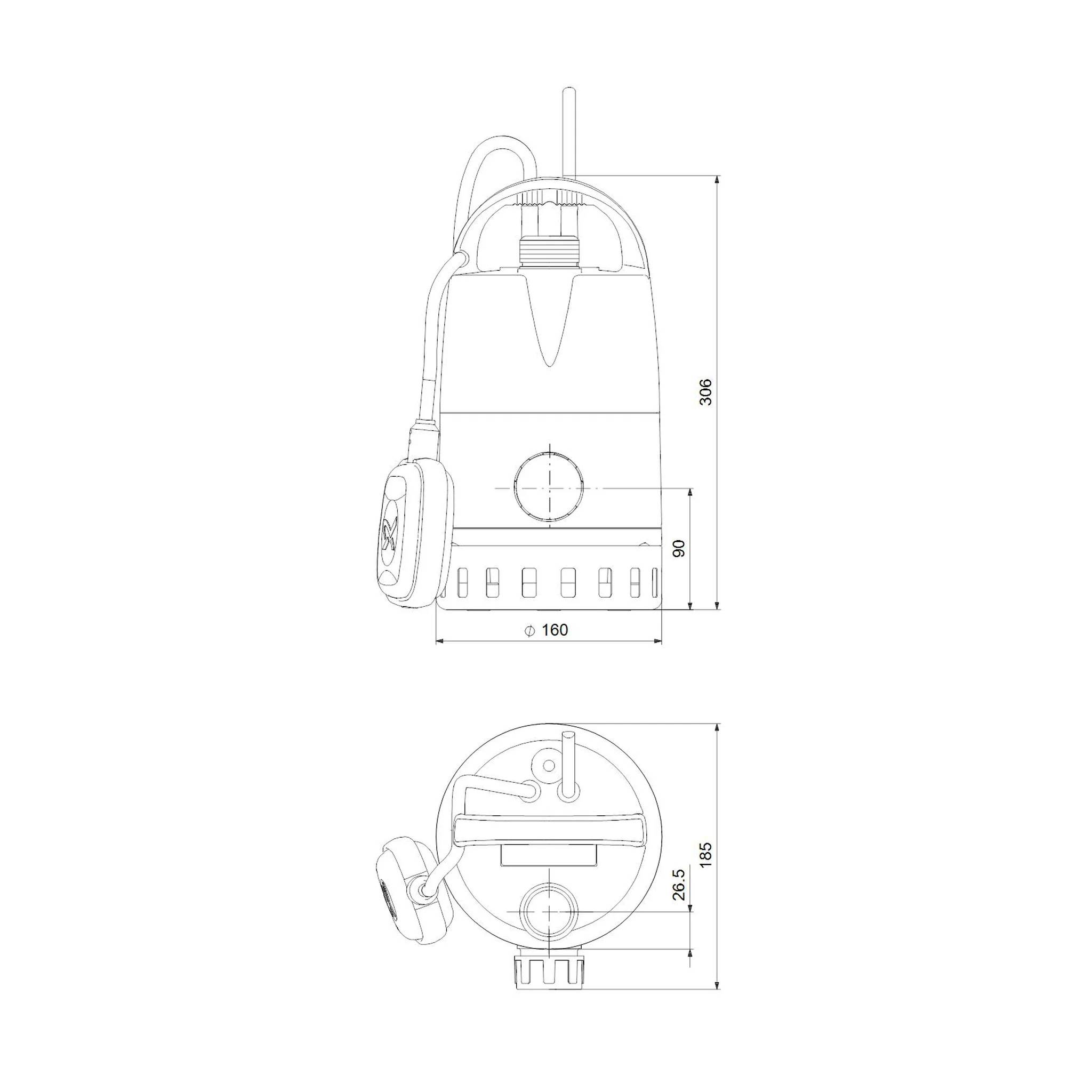 Technische Zeichnung eines zylindrischen Geräts mit Seitenbefestigung, die Vorder- und Draufsicht mit beschrifteten Abmessungen von 306 mm Höhe, 160 mm Breite und 185 mm Tiefe zeigend.