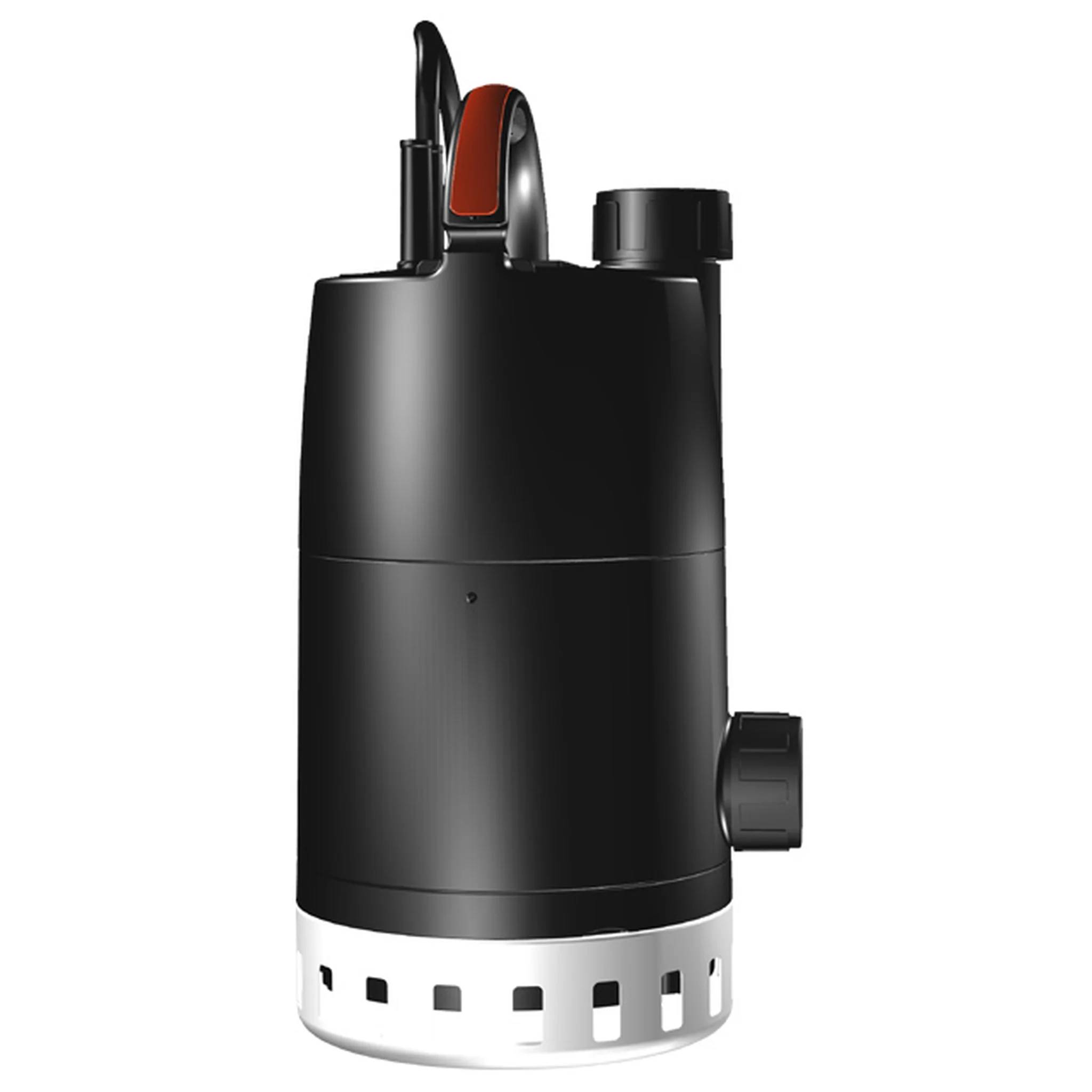 Schwarze zylindrische Pumpen- oder Motoreinheit mit oberem Griff, seitlichem Drehknopf und belüfteter silberner Basis auf weißem Hintergrund.