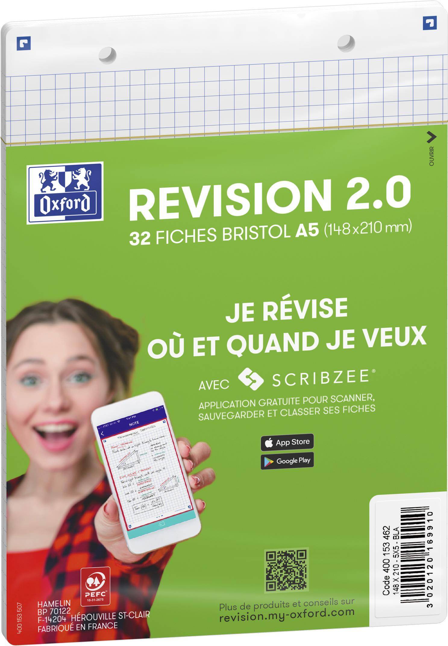 Oxford Fiches bristol REVISION 2.0, A5, blanc quadrillé, 250 g/m2, coins arrondis, certifié PEFC,