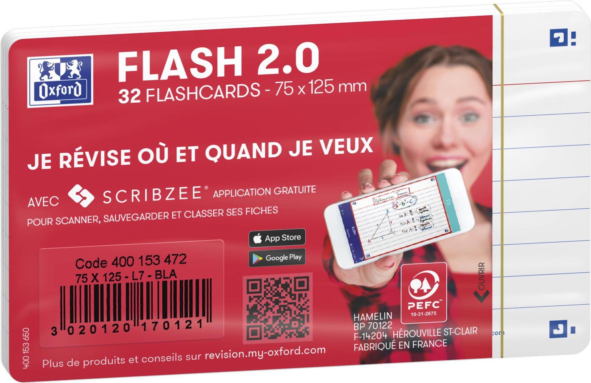 Oxford Fiches bristol FLASH 2.0, A7, ligné, blanc 250 g/m2, coins arrondis, certifié PEFC, non perforé,