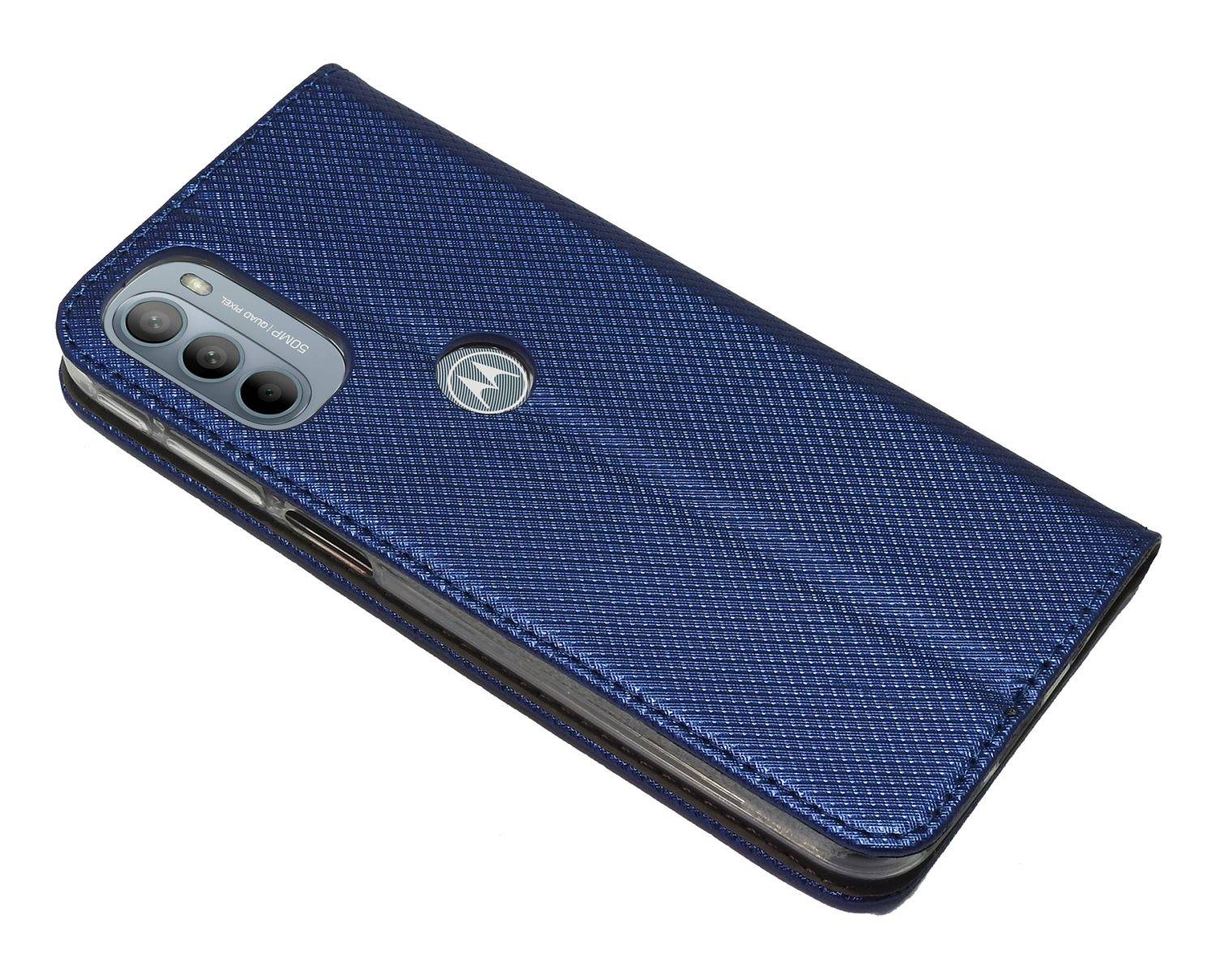 Elegante Buch-Tasche Hülle Smart Magnet für MOTOROLA MOTO G62 5G Leder Optik Wallet Book-Style Cover Schale in Blau