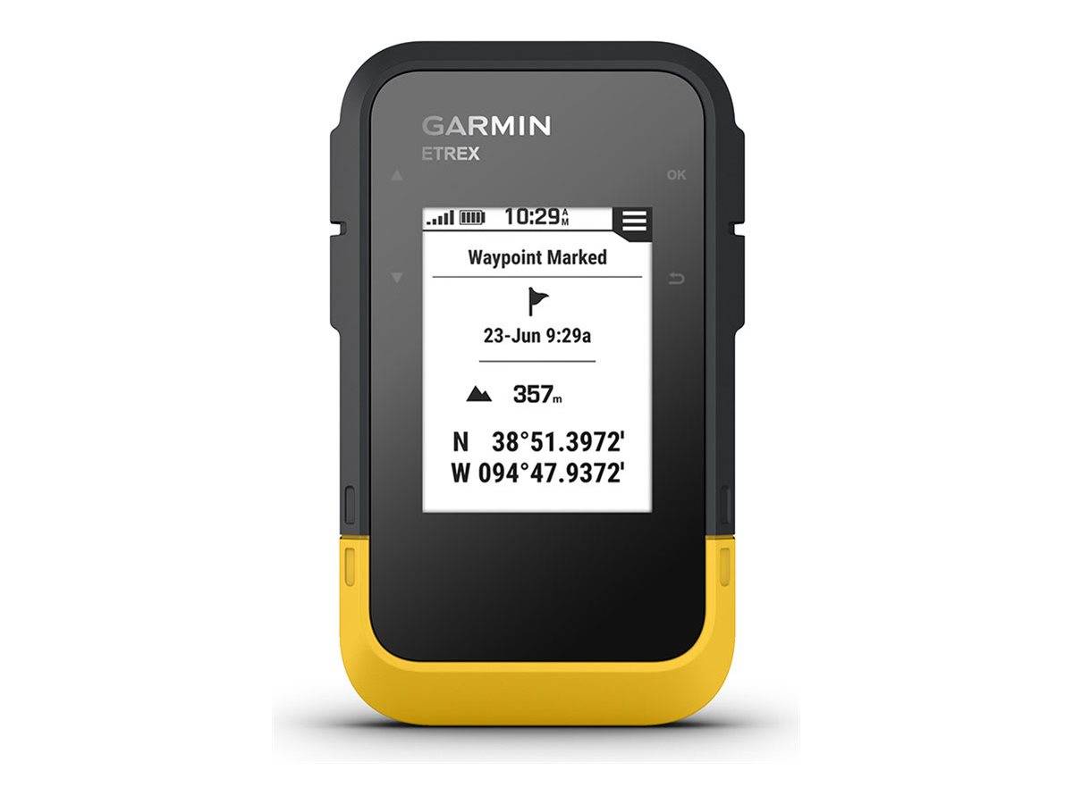 Garmin eTrex tragbares GPS zeigt einen Bildschirm mit 'Wegpunkt markiert' mit Koordinaten, Höhe 357 und Zeitstempel 23-Jun 9:29a.