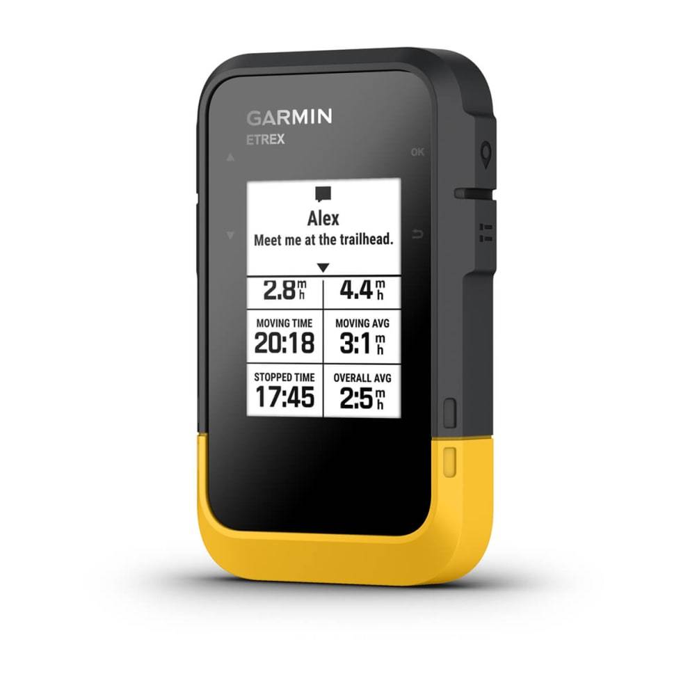 Garmin eTrex tragbares GPS zeigt eine Nachricht von Alex an: „Triff mich am Trailhead", mit Fahrtstatistiken und Entfernung zu einem Punkt.