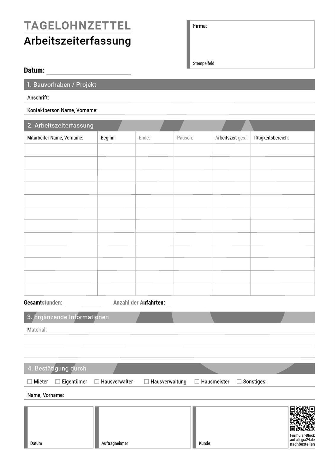 Arbeitszeiterfassung A4-Block selbstdurchschreibend
