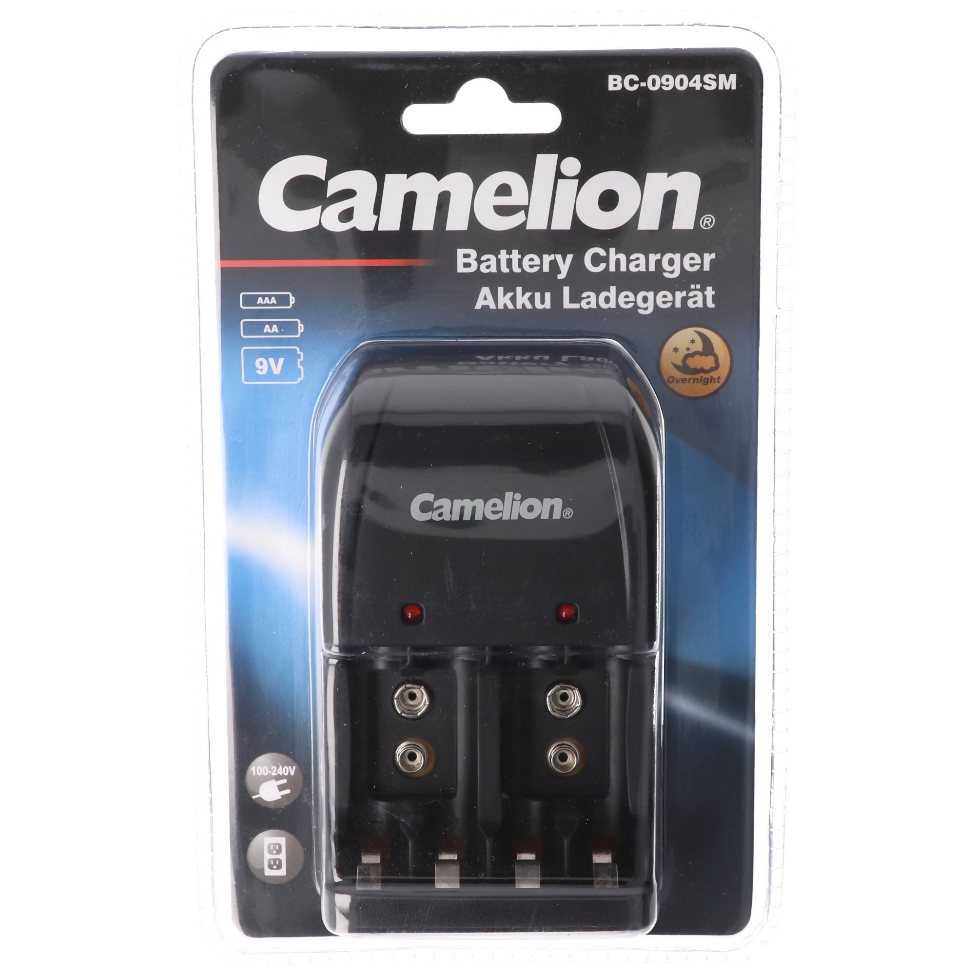 Stecker-Ladegerät BC-0904SM für eine paarweise Ladung von AAA, AA oder 9V Block NiMH Akkus, 2 LED-Anzeigen