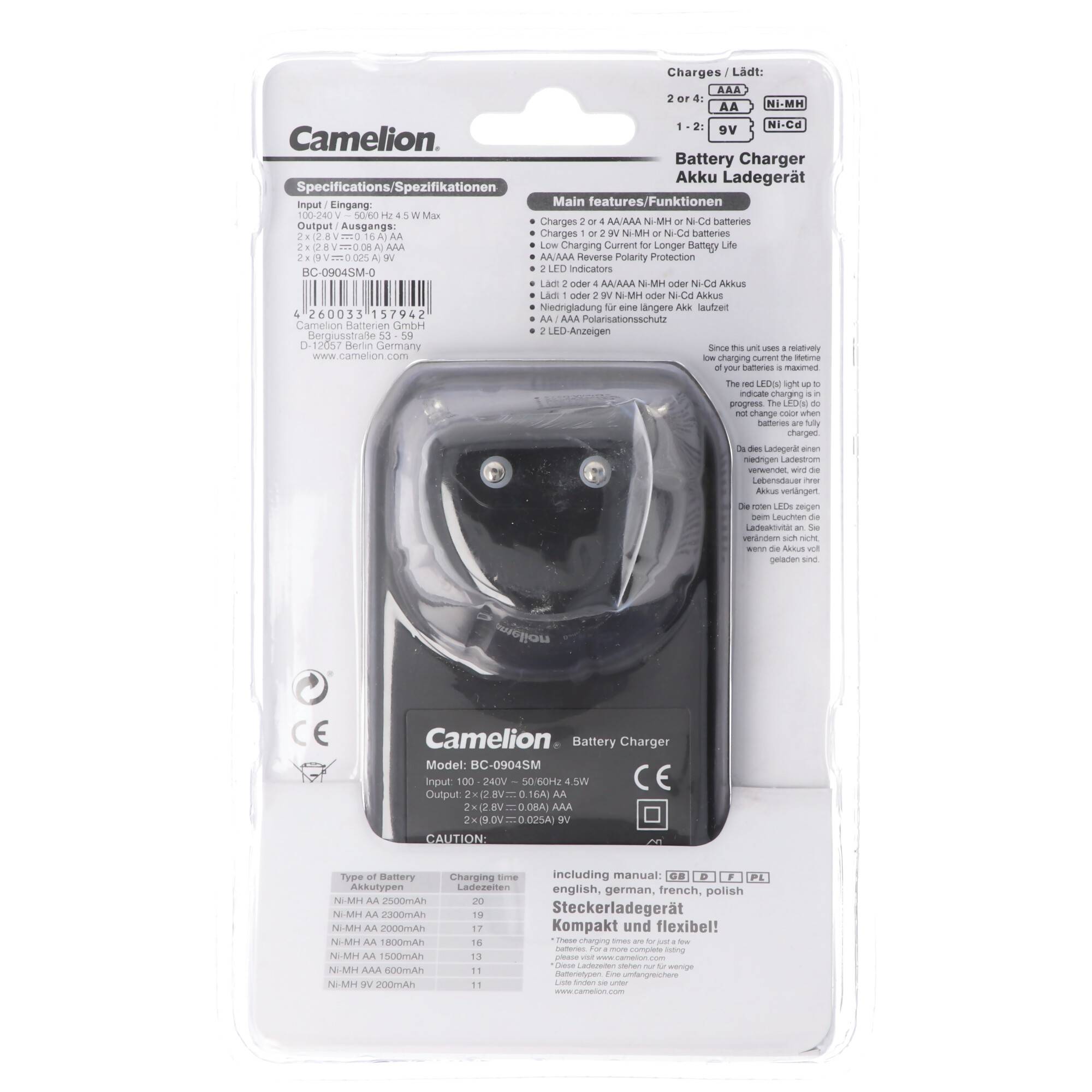 Stecker-Ladegerät BC-0904SM für eine paarweise Ladung von AAA, AA oder 9V Block NiMH Akkus, 2 LED-Anzeigen