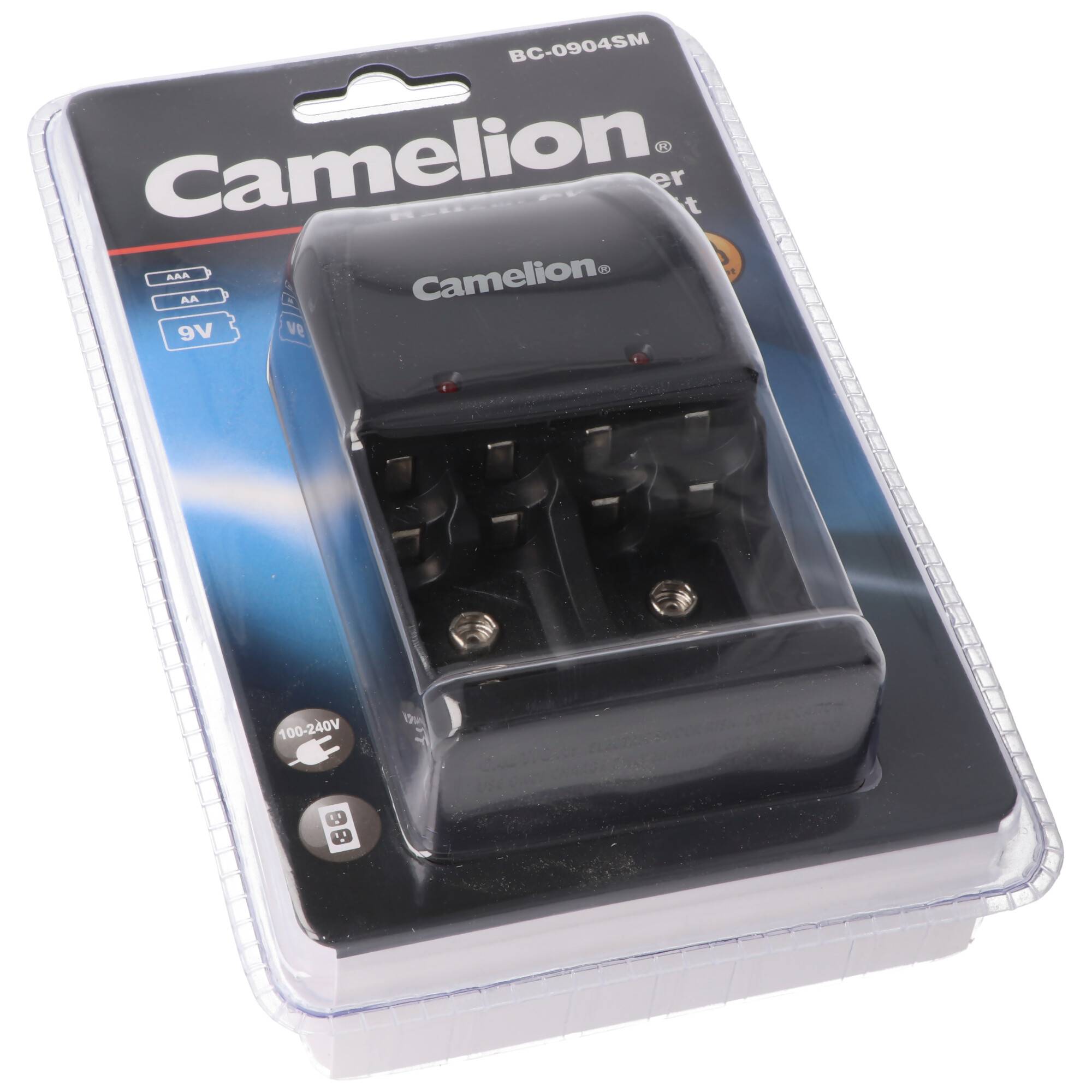 Stecker-Ladegerät BC-0904SM für eine paarweise Ladung von AAA, AA oder 9V Block NiMH Akkus, 2 LED-Anzeigen