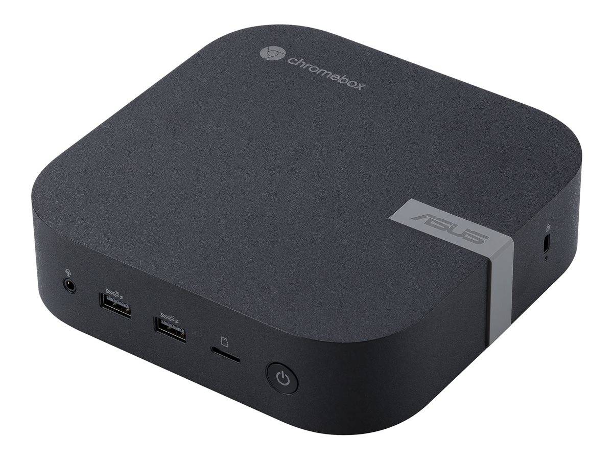 Schwarzer ASUS Chromebox Mini-Desktop-Computer von oben fotografiert, mit sichtbaren vorderen USB-Anschlüssen, Stromschalter und Logo.