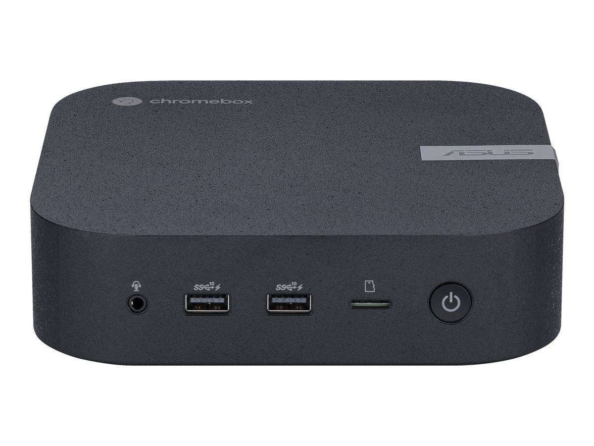 Vorderansicht eines schwarzen ASUS Chromebox Mini-PCs mit zwei USB-Anschlüssen, einem Kartensteckplatz und einer sichtbaren Stromtaste auf der Frontblende.