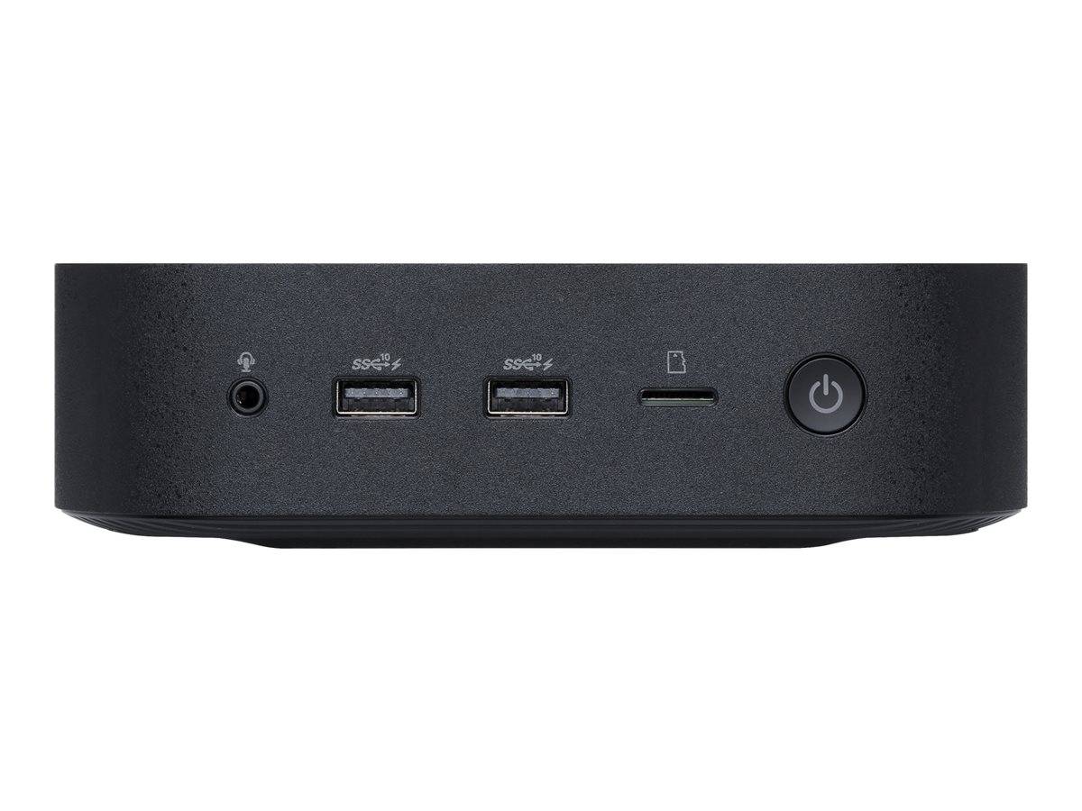 Vorderansicht eines schwarzen Mini-PCs mit einer Kopfhörerbuchse, zwei USB-Anschlüssen, einem Kartenleserslot und einem Stromschalter.
