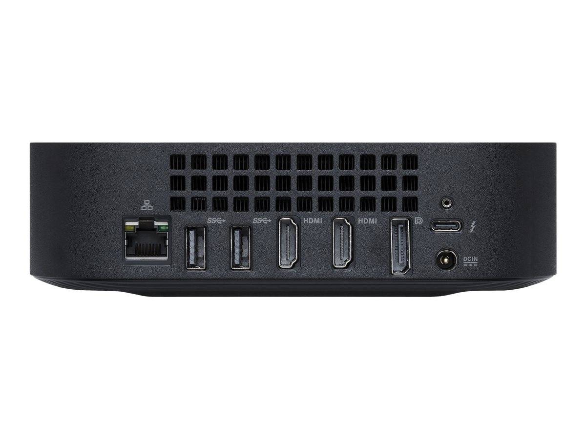 Rückansicht eines Mini-PCs mit Anschlüssen: Ethernet, zwei USB-A, zwei HDMI, ein USB-C und eine Stromeingabe mit Lüftungsgitter darüber.