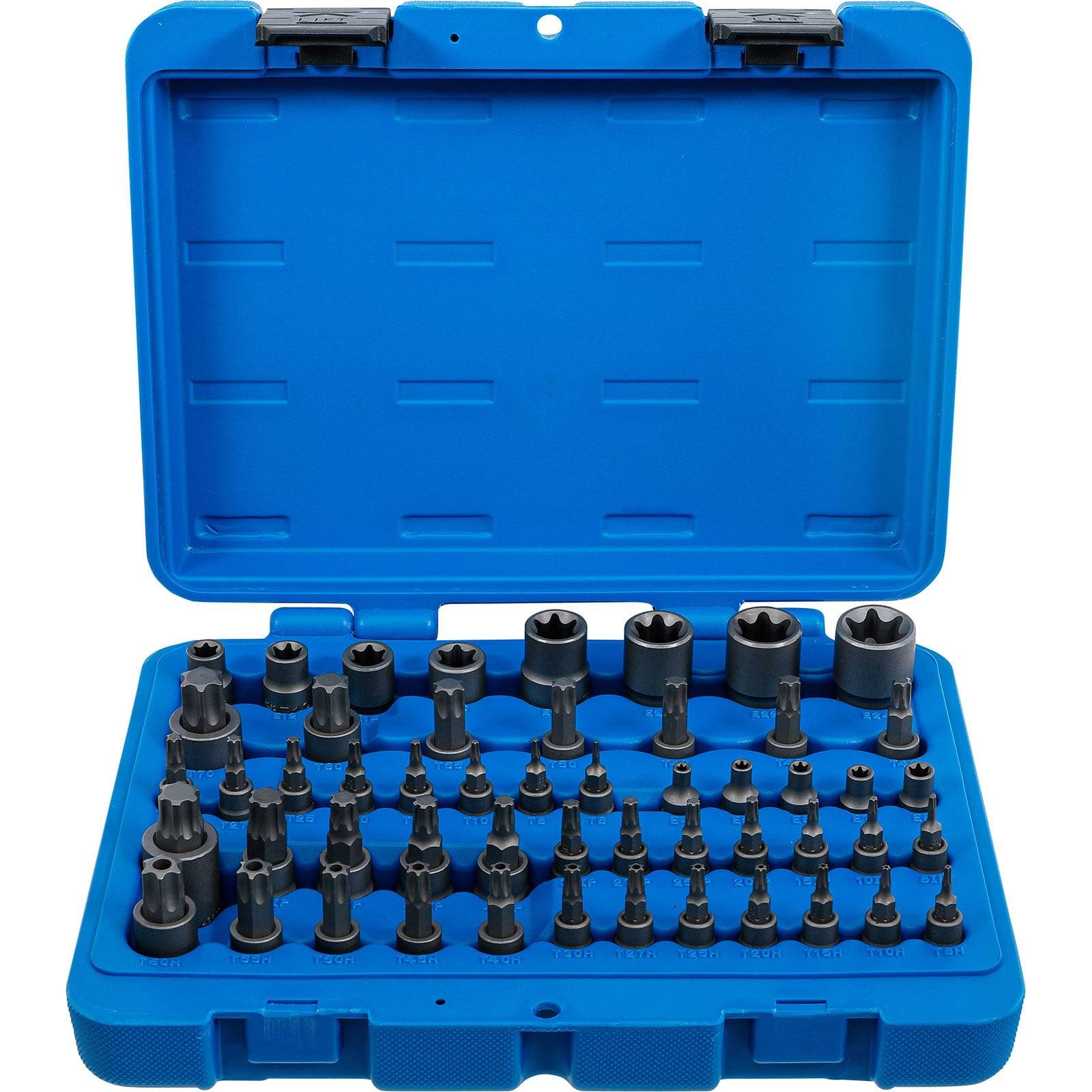 Ein blauer Kunststoffkoffer mit verschiedenen schwarzen Steckschlüsseln und Bitaufsätzen, ordentlich in Reihen angeordnet, für mechanische Arbeiten oder DIY-Projekte verwendbar.