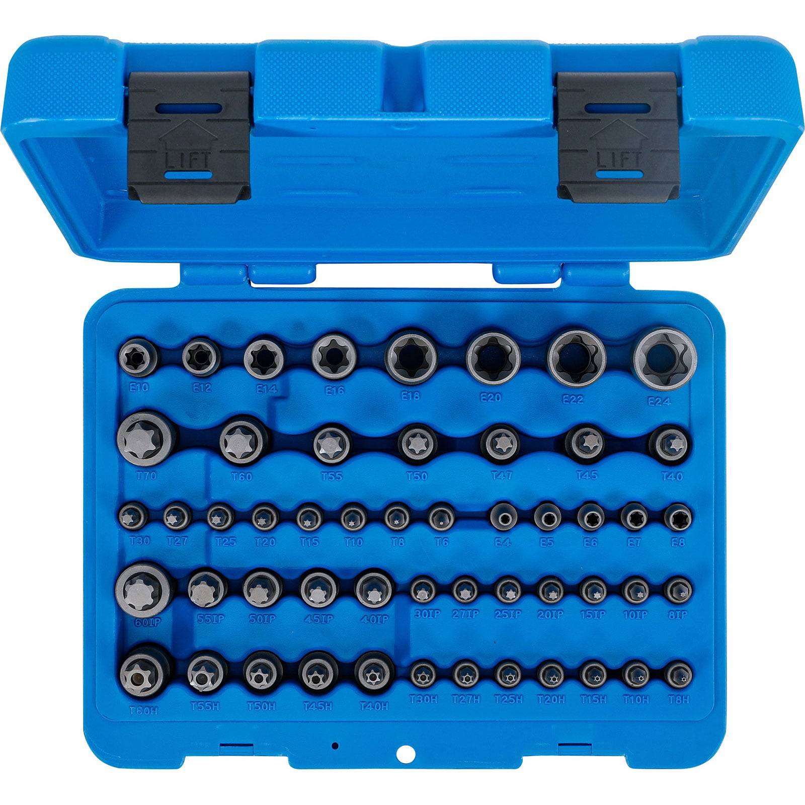 Eine blaue Kunststoffbox mit mehreren Reihen von Sechskant- und Torx-Schraubenziehereinsätzen in verschiedenen Größen.
