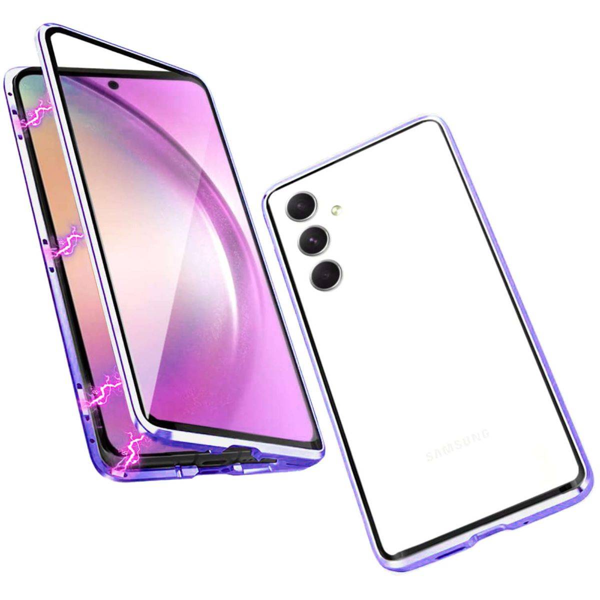 Für Samsung Galaxy A34 5G Beidseitiger 360 Grad Magnet Glas Hülle Handy Tasche Bumper Lila