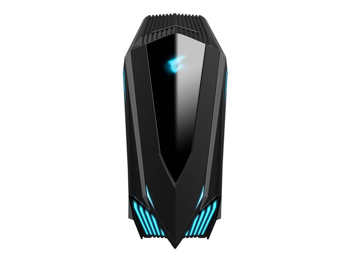 Schwarzer futuristischer Desktop-Computer-Turm mit blauer LED-Beleuchtung auf weißem Hintergrund.