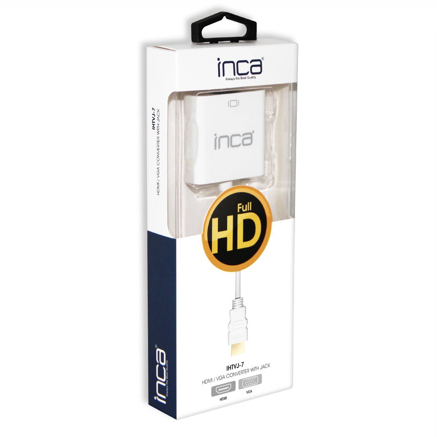 Verpackung für einen Inca Full HD HDMI-zu-VGA-Konverter mit 3,5-mm-Audiobuchse, dargestellt in einer weißen Einzelhandelsbox.