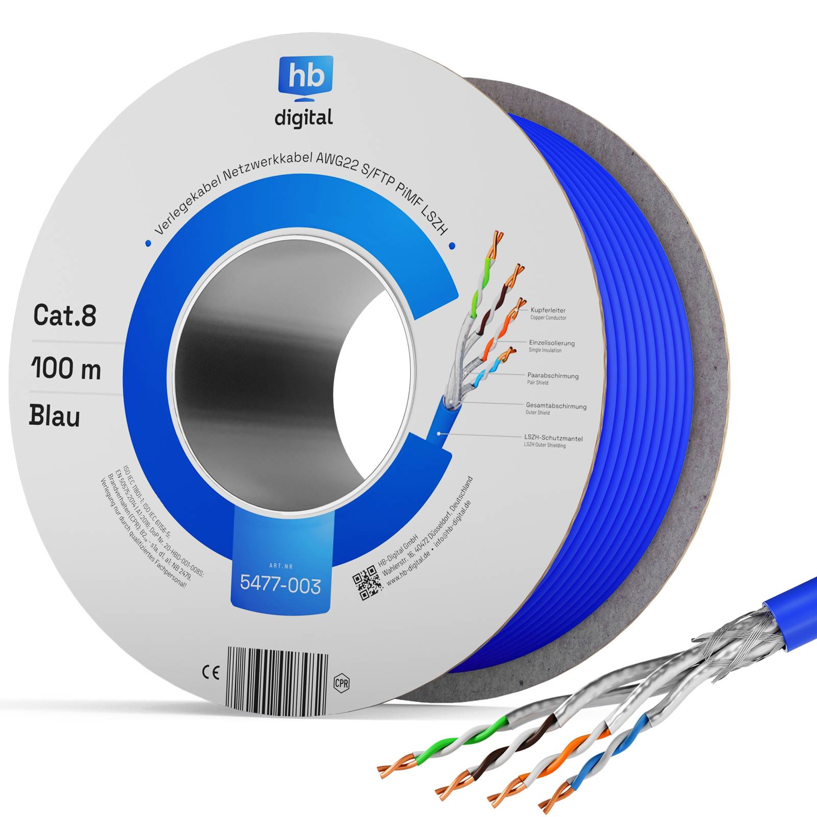 hb-digital CAT 8 Netzwerkkabel 100m Ethernet max. 2000 MHz S/FTP AWG22 LSZH blau