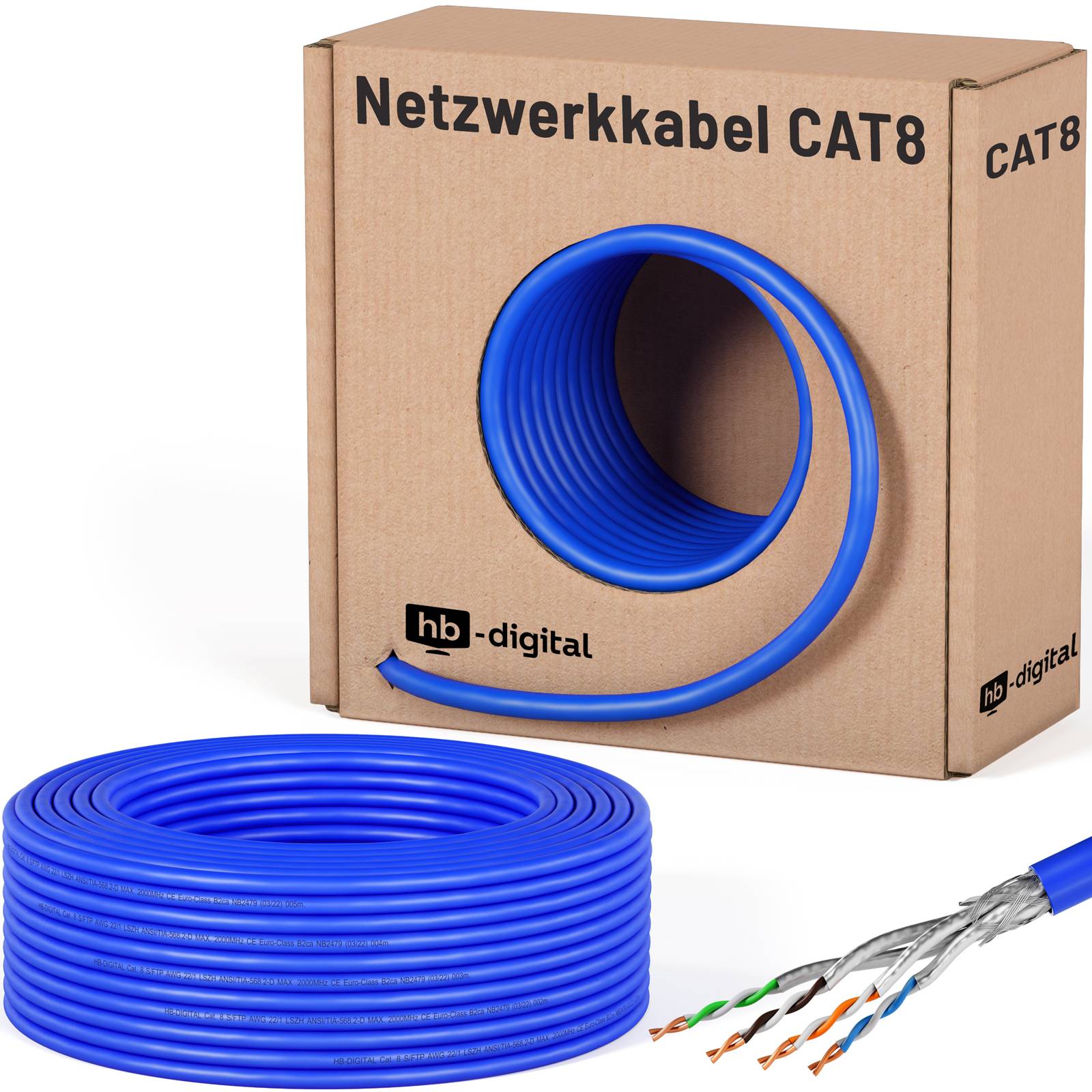 hb-digital Netzwerkkabel 50m CAT 8 Installationskabel max. 2000 MHz S/FTP AWG22 LSZH blau