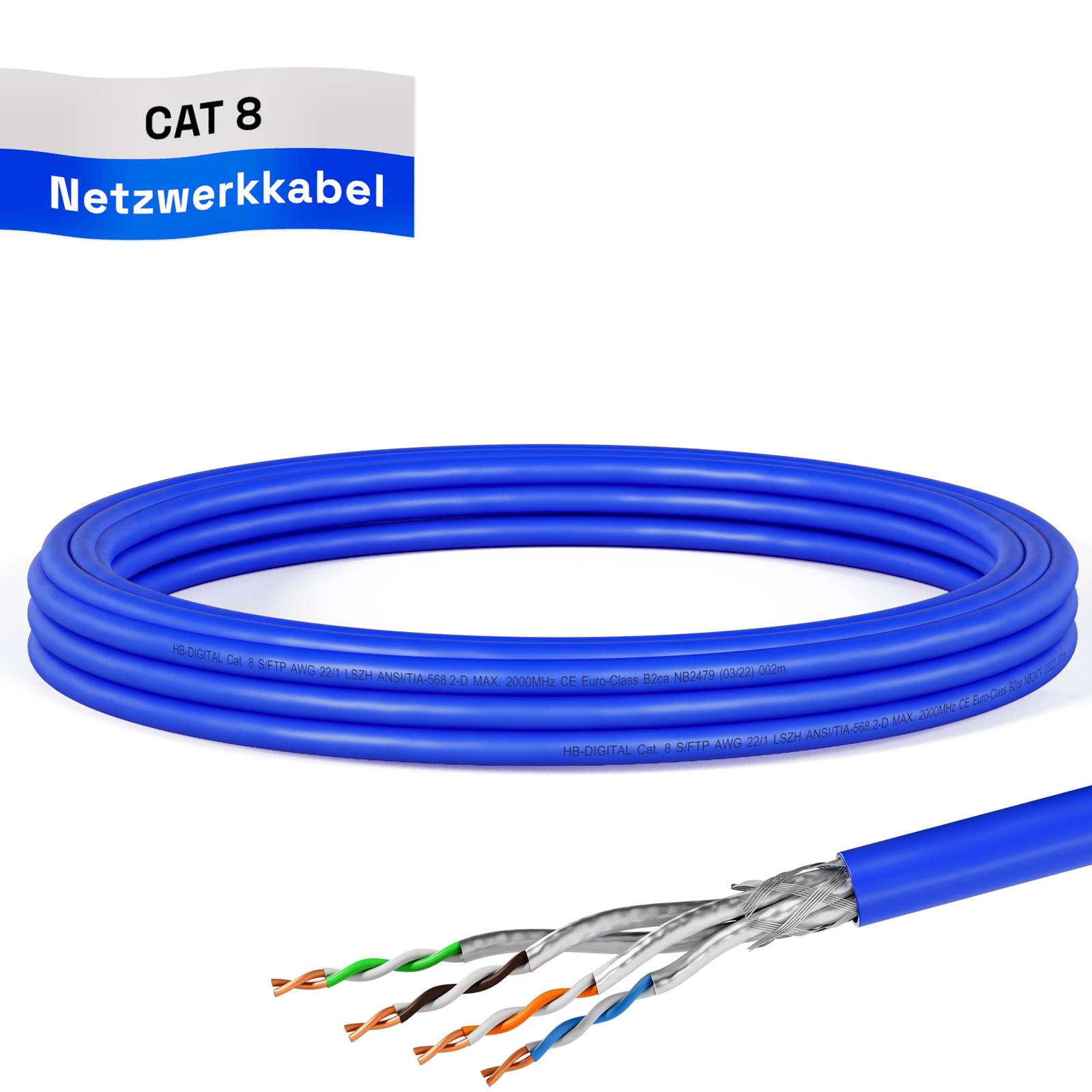hb-digital CAT 8 Netzwerkkabel 5m max. 2000 MHz S/FTP AWG22 LSZH blau