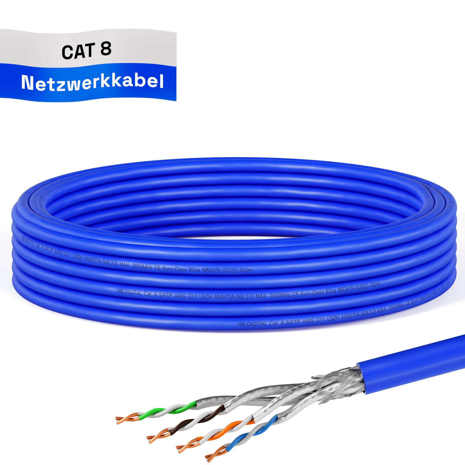 hb-digital CAT 8 Kabel 10m Verlegekabel max. 2000 MHz S/FTP AWG22 LSZH blau
